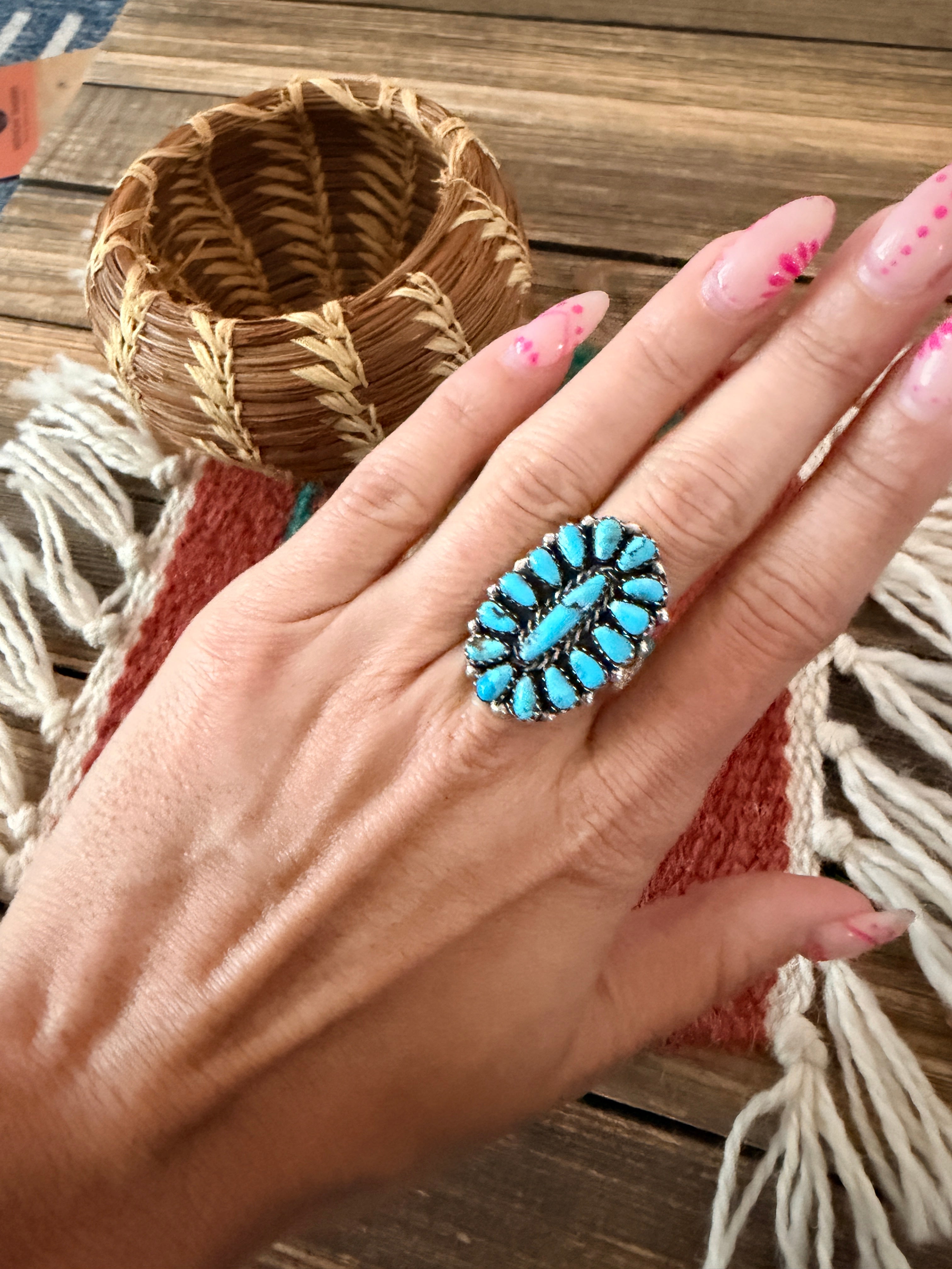 Handcrafted Turquoise & Sterling Silver Cluster Ring by Leander Nez