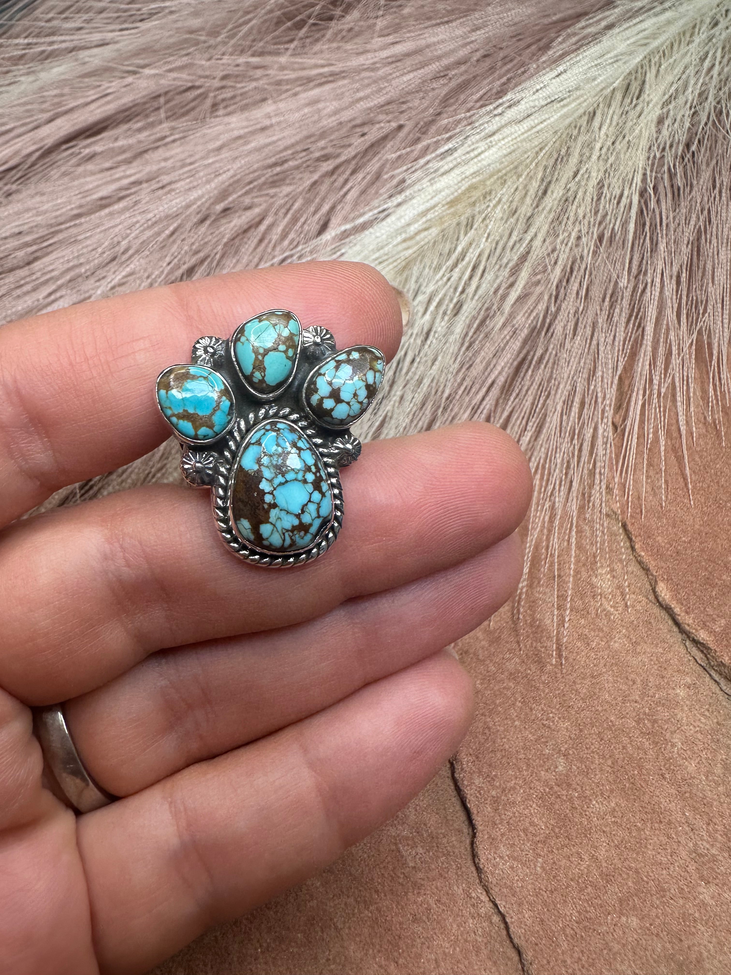 Beautiful Handmade Number 8 Turquoise And Sterling Silver Adjustable Ring