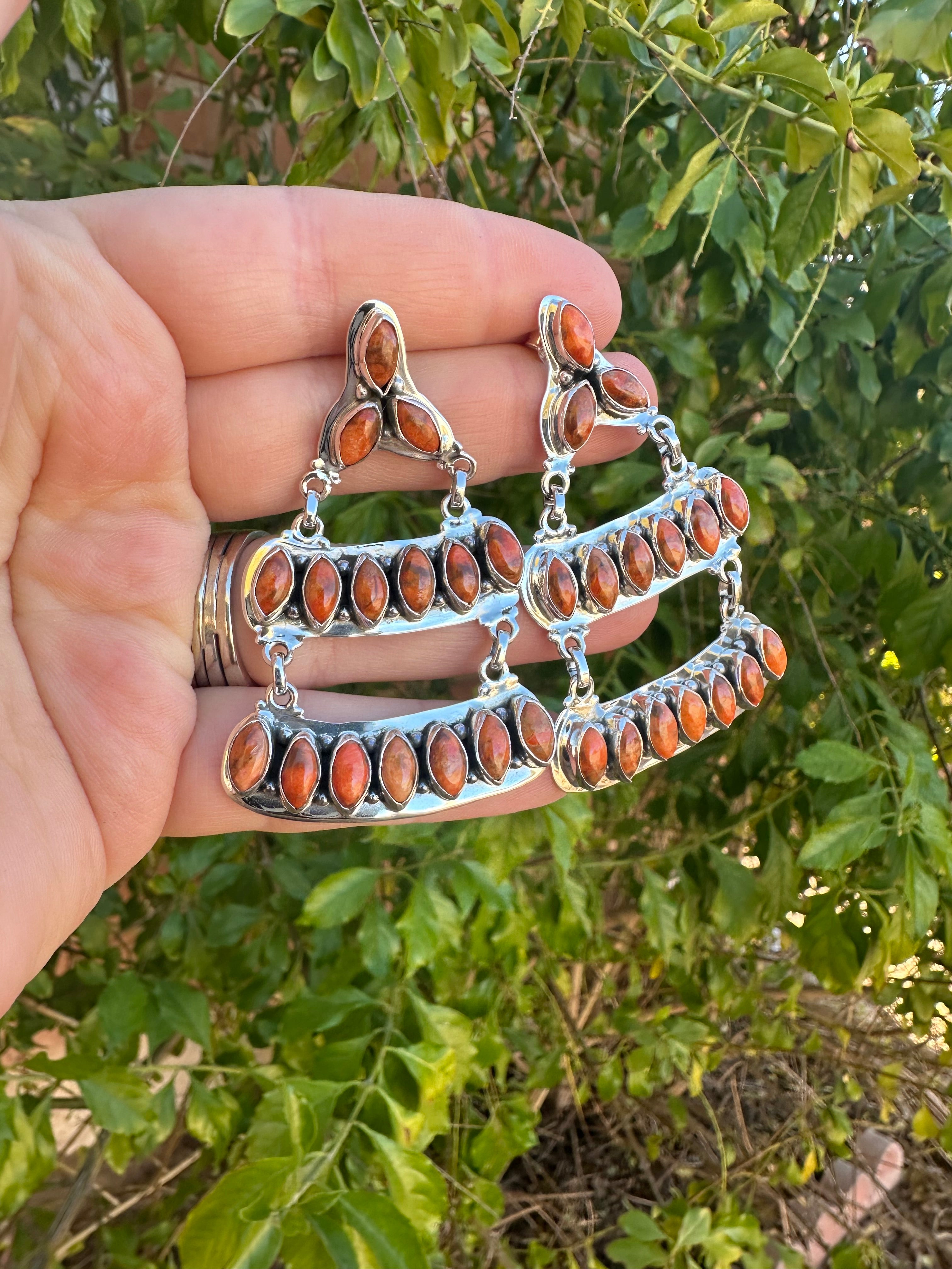 “Rodeo Roundup” Handmade Orange Mojave And Sterling Silver Dangle Earrings Signed Nizhoni