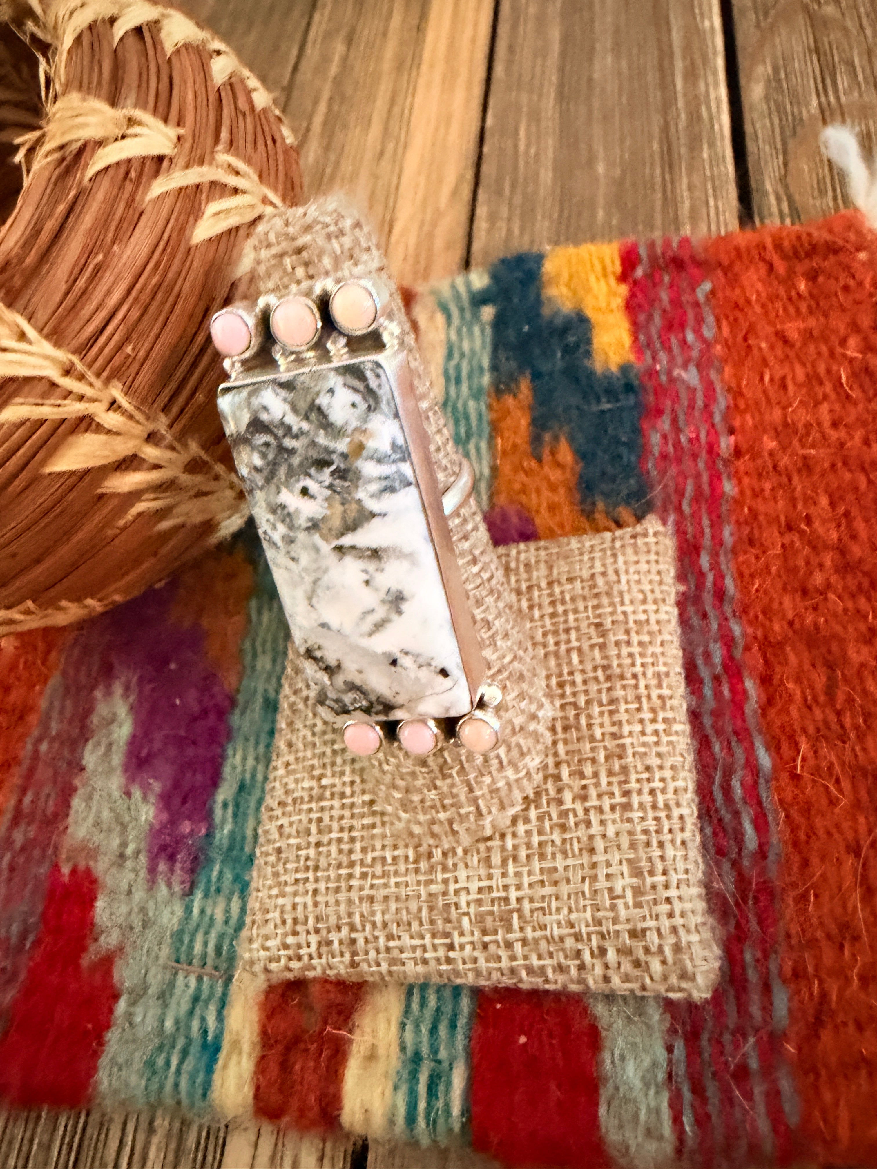 Handcrafted White Buffalo & Queen Pink Conch & Sterling Silver Adjustable Ring