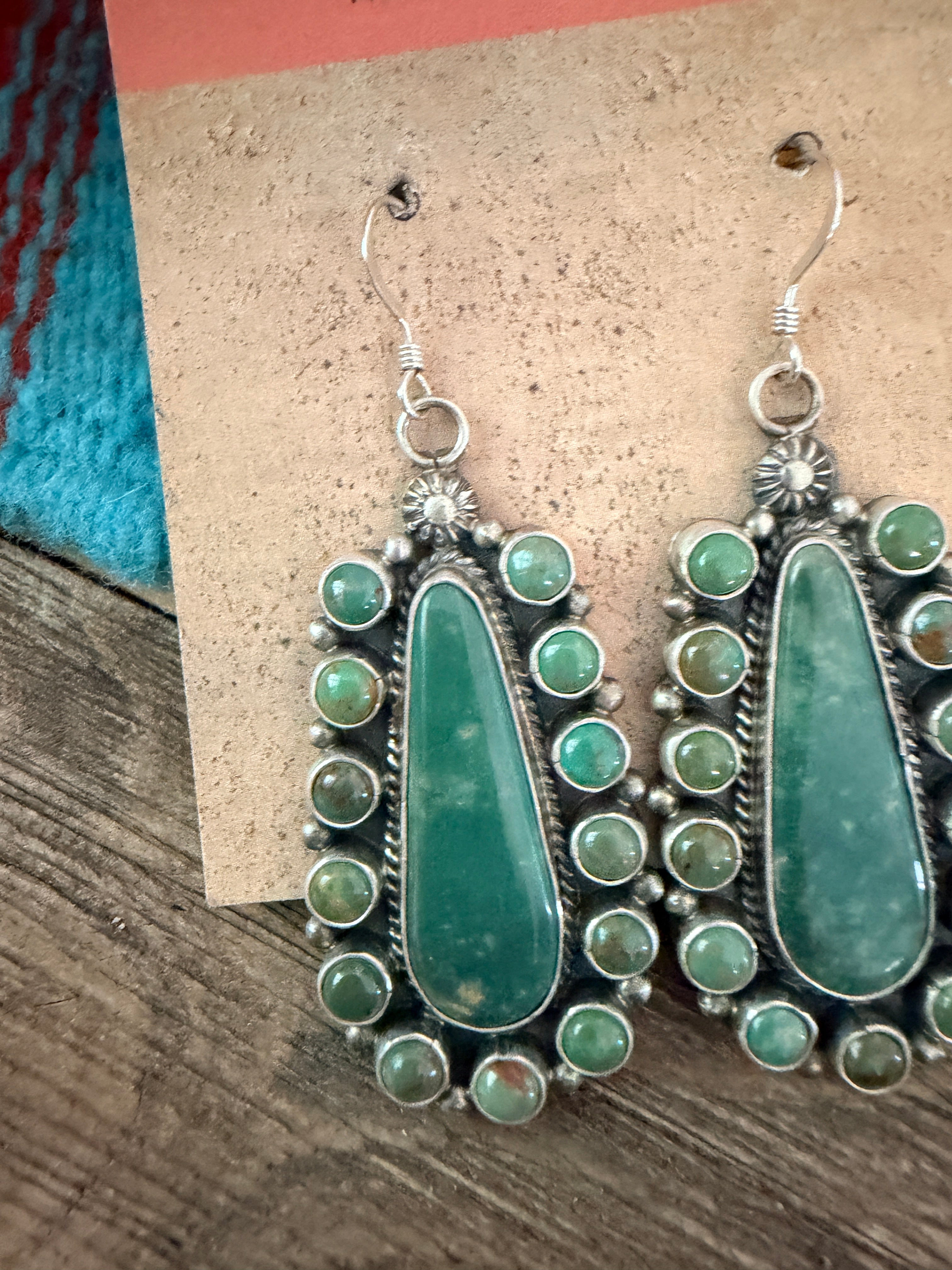 Handcrafted Green Turquoise & Sterling Silver Cluster Dangle Earrings