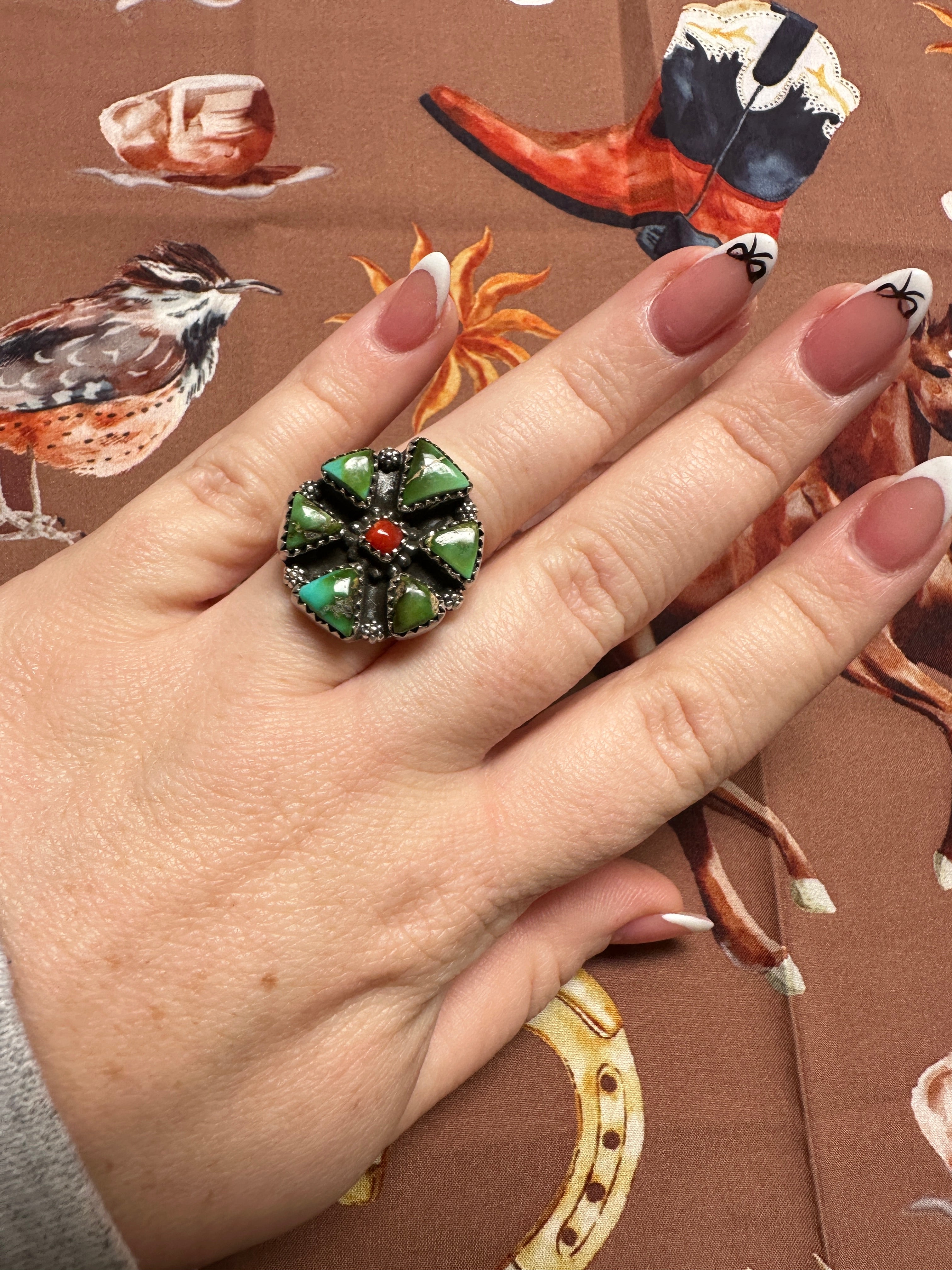 Beautiful Handmade Coral, Sonoran Turquoise And Sterling Silver Adjustable CLUSTER Ring