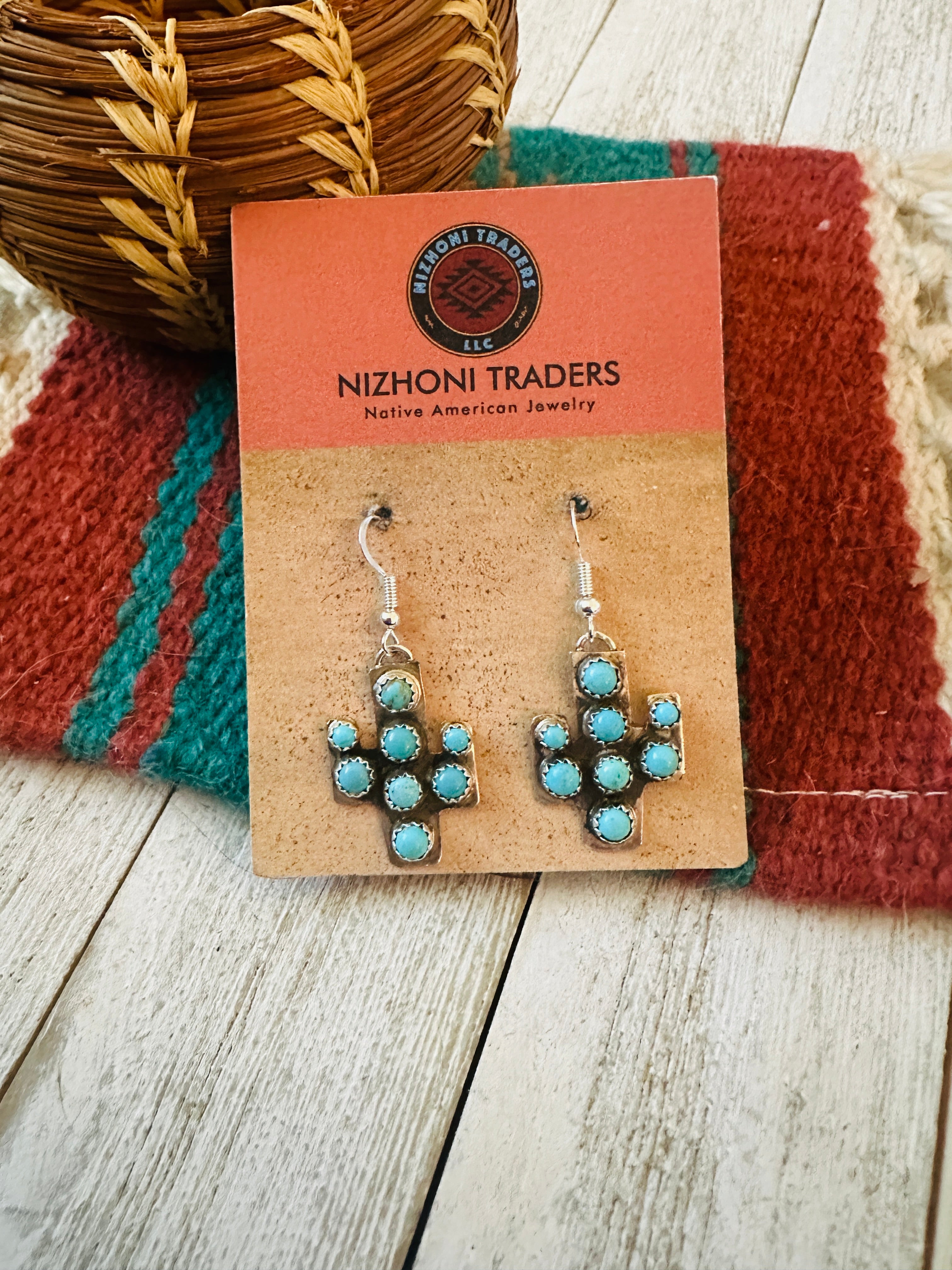 Navajo Sterling Silver & Turquoise Cactus Dangle Earrings