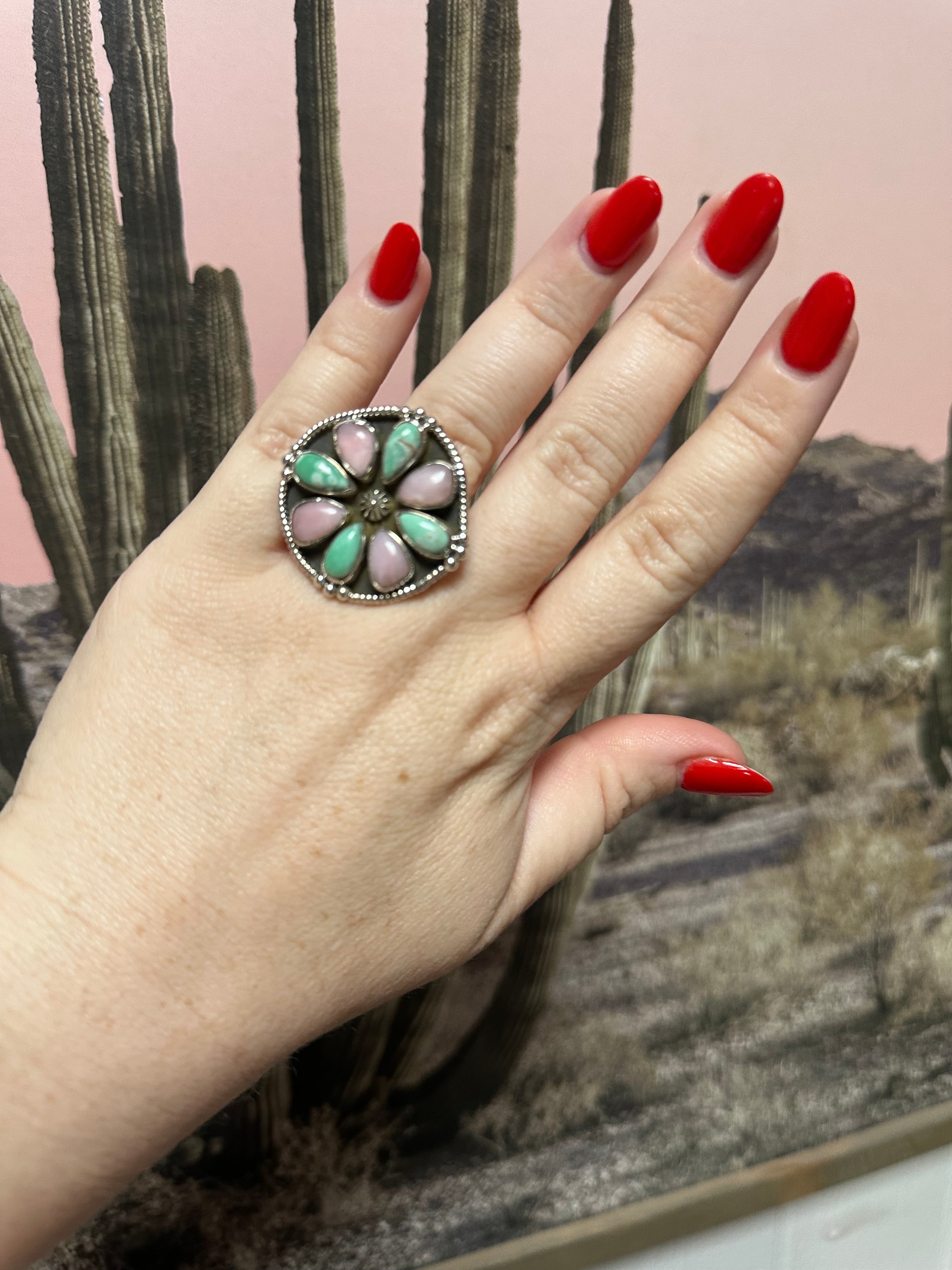 Beautiful Handmade Pink Conch, Turquoise And Sterling Silver Adjustable Circle Ring