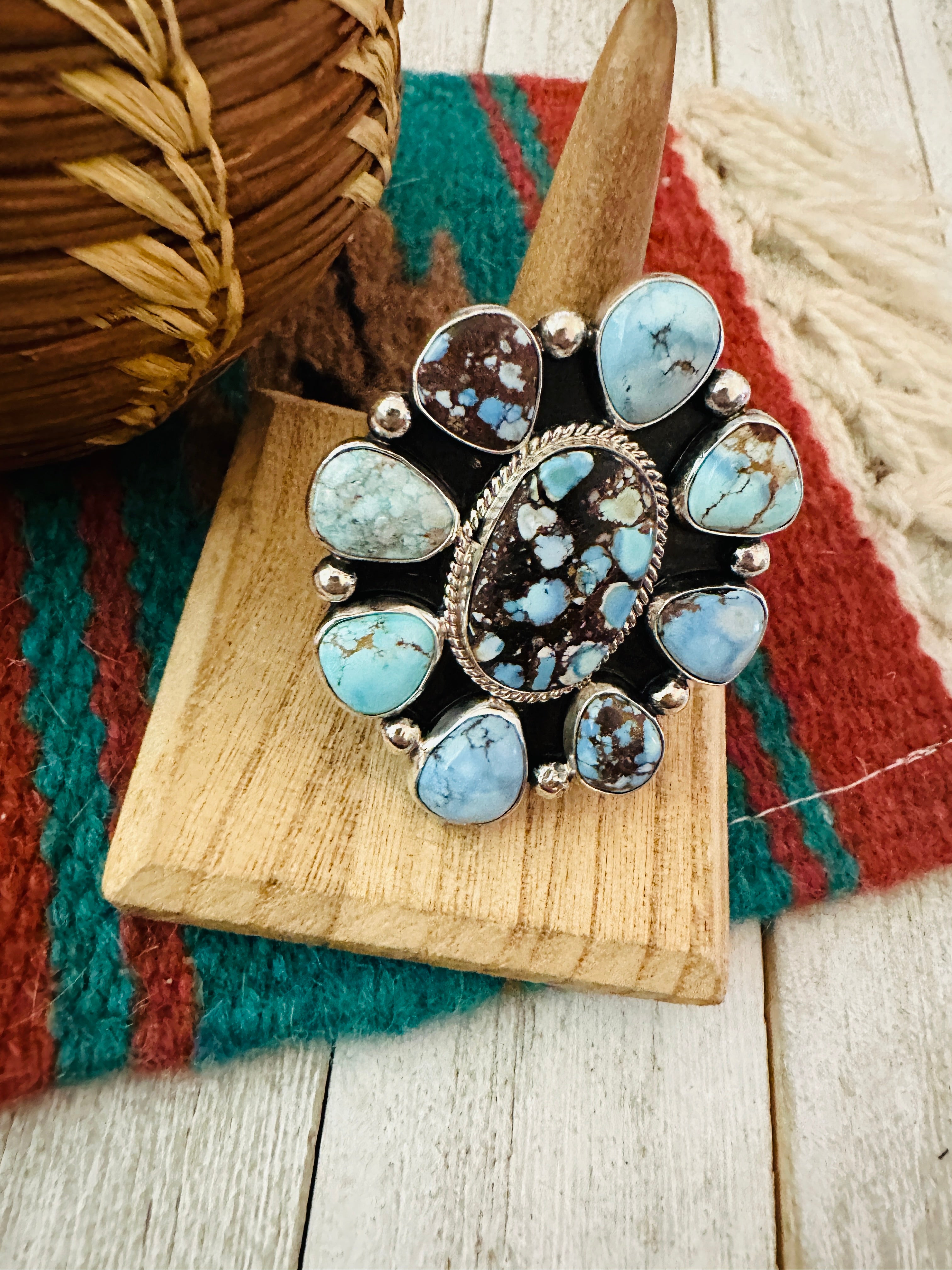 Navajo Sterling Silver & Golden Hills Turquoise Cluster Adjustable Ring