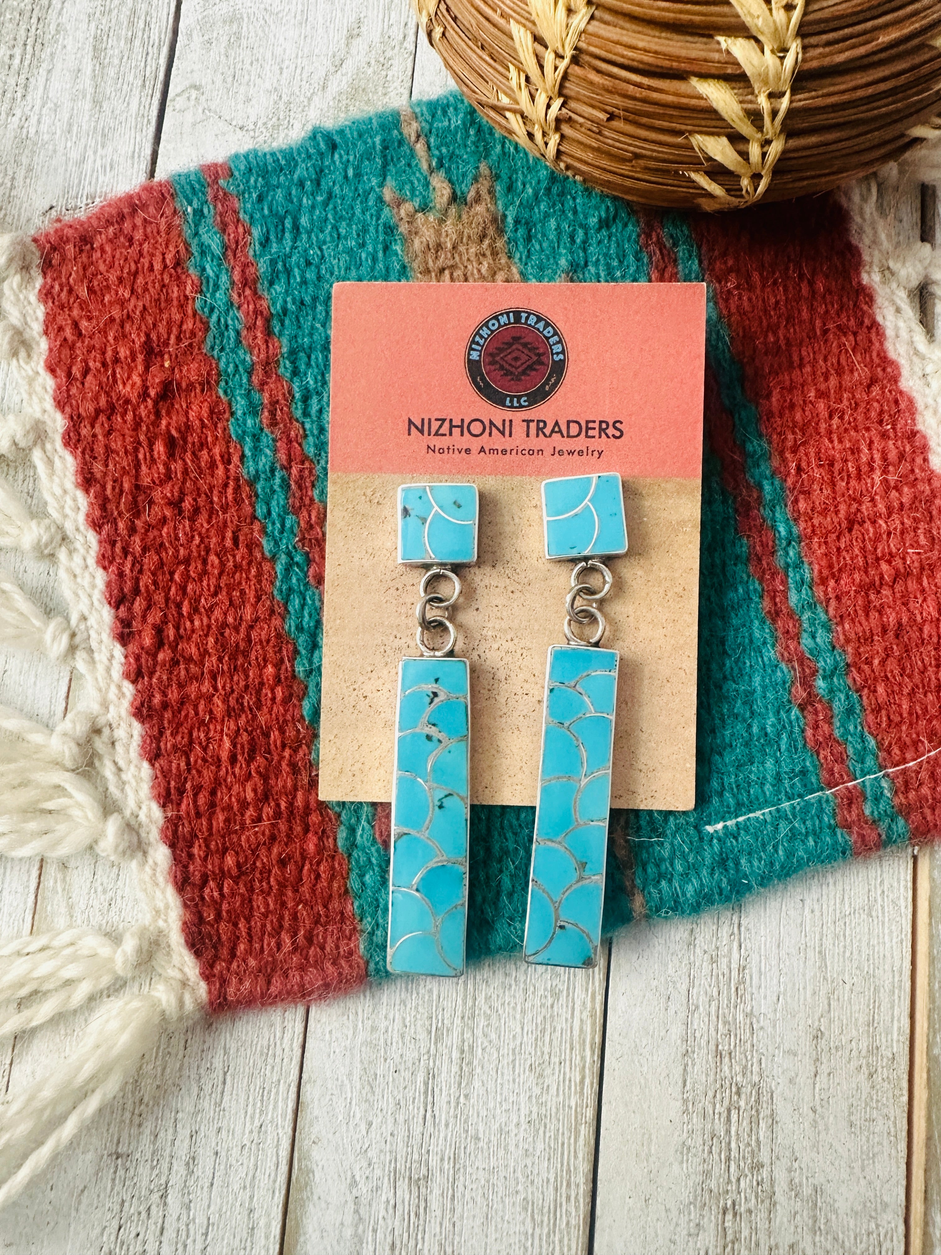 Zuni Sterling Silver & Turquoise Inlay Dangle Earrings