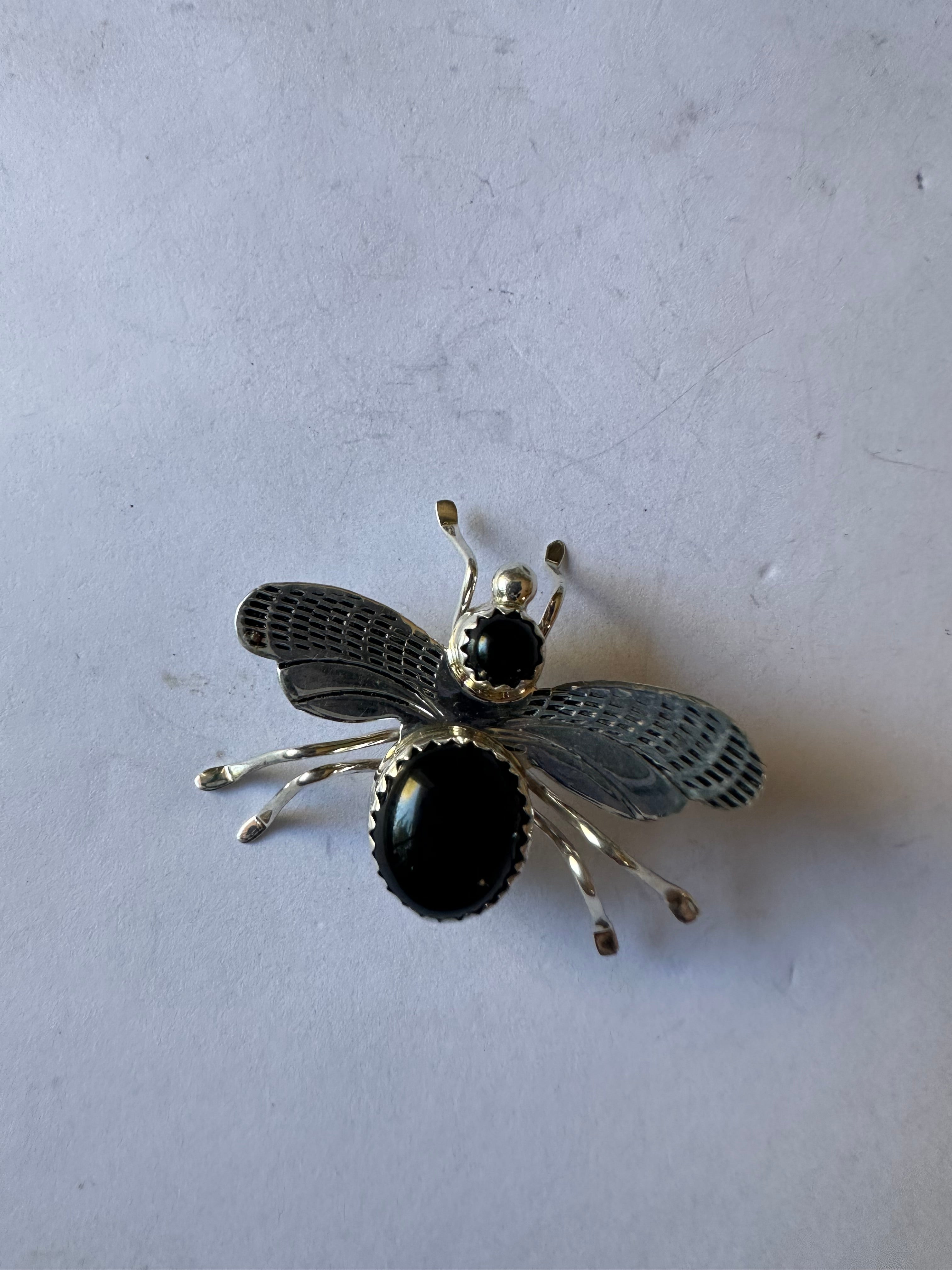 Navajo Sterling Silver & Onyx Bug Pin Signed