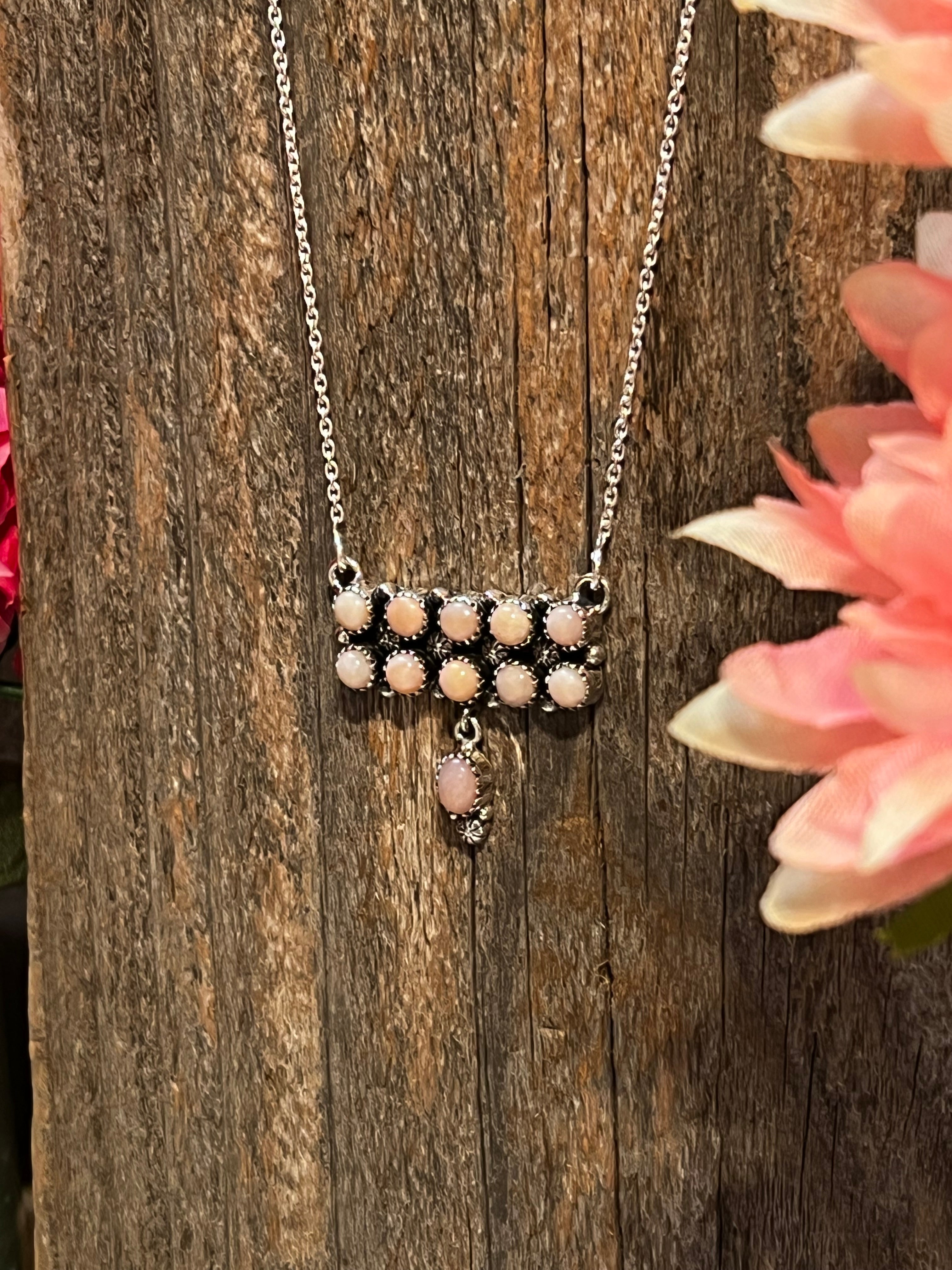 Handmade Sterling Silver & Pink Opal Tear Drop Dangle, Bar Necklace