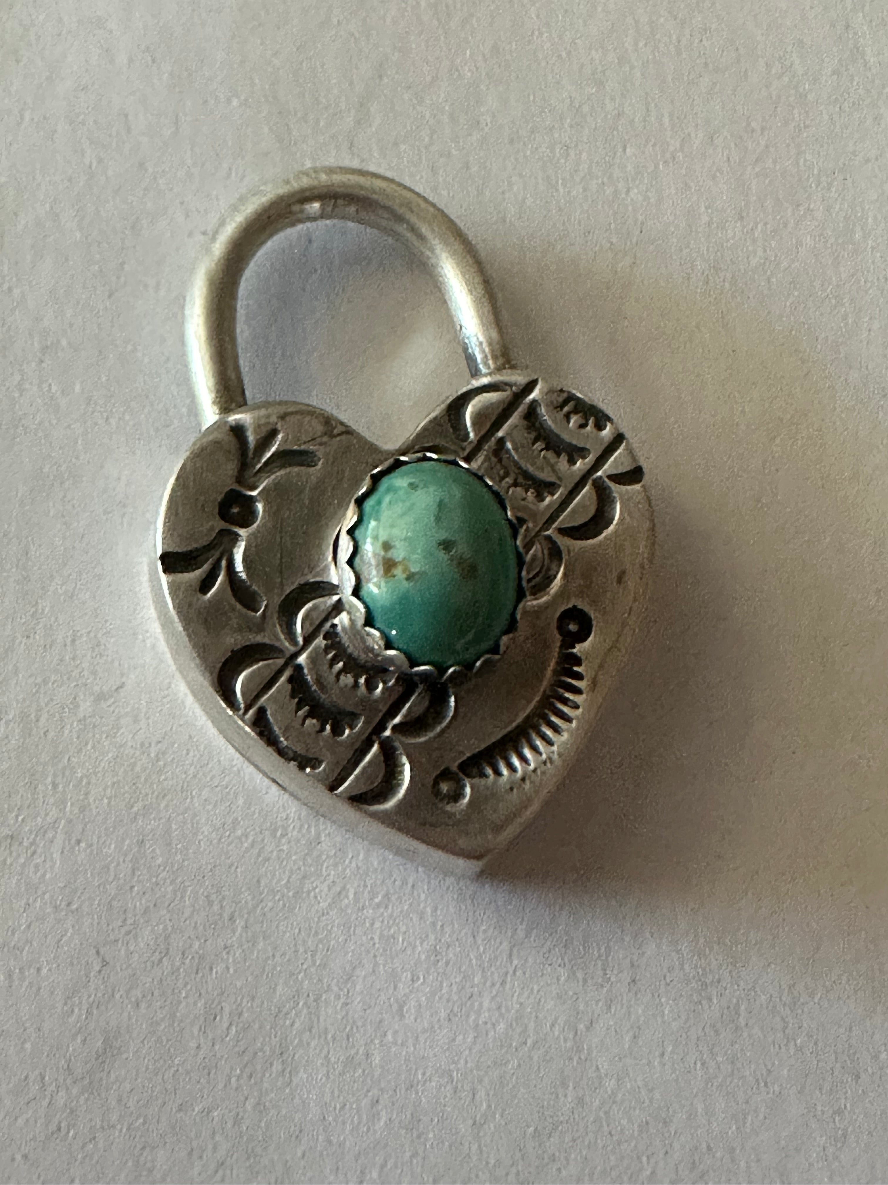 Navajo Turquoise & Sterling Silver Heart Locket Pendant Signed Russell Sam BLUE TONES