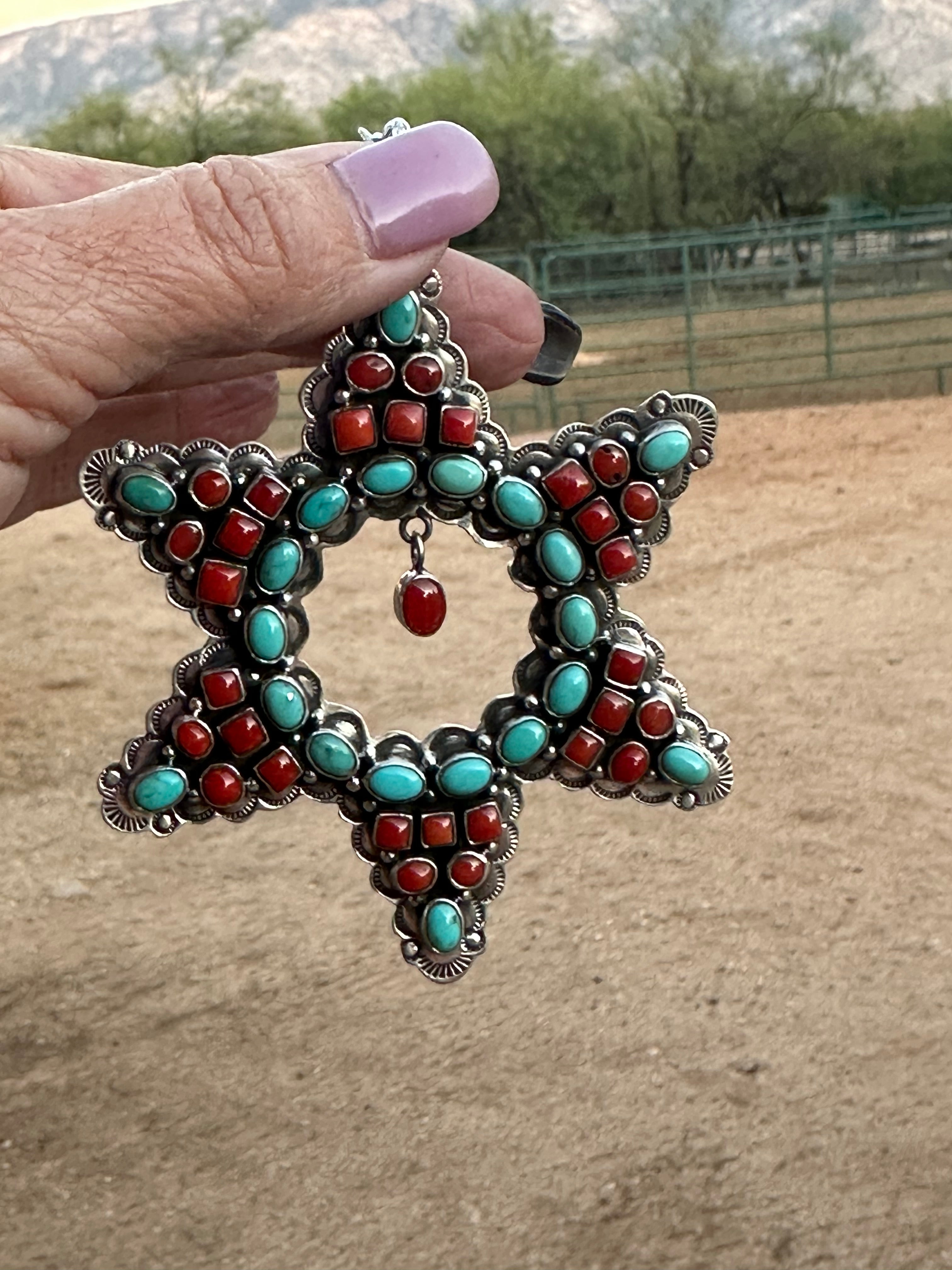 Handmade Sterling Silver, Turquoise & Coral Christmas Star Pendant