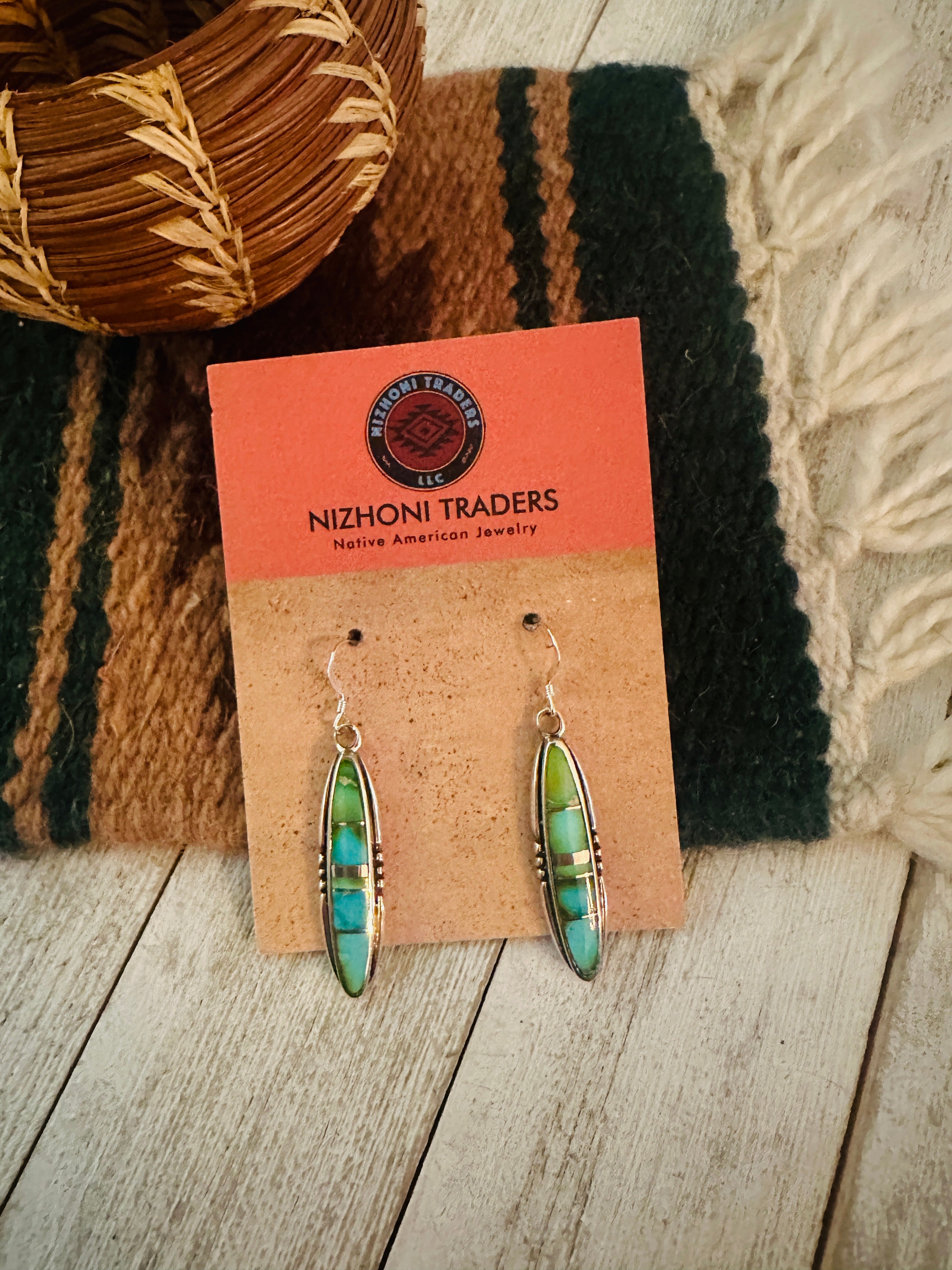 Navajo Sonoran Gold Turquoise And Sterling Silver Inlay Dangle Earrings