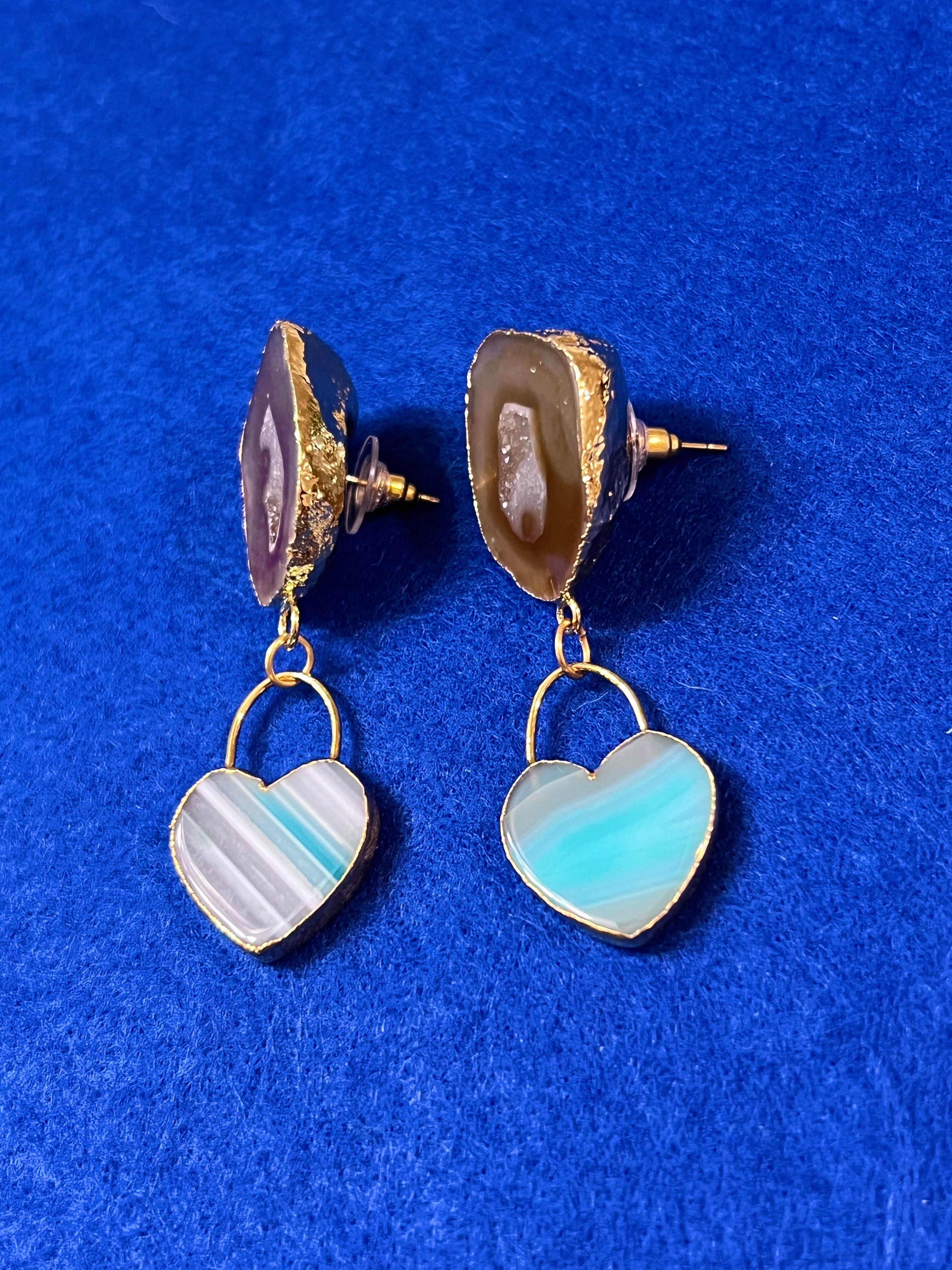 Handmade 14k Gold Druzy Plated Brass White Geode & Blue Heart Dangle Stud Earrings