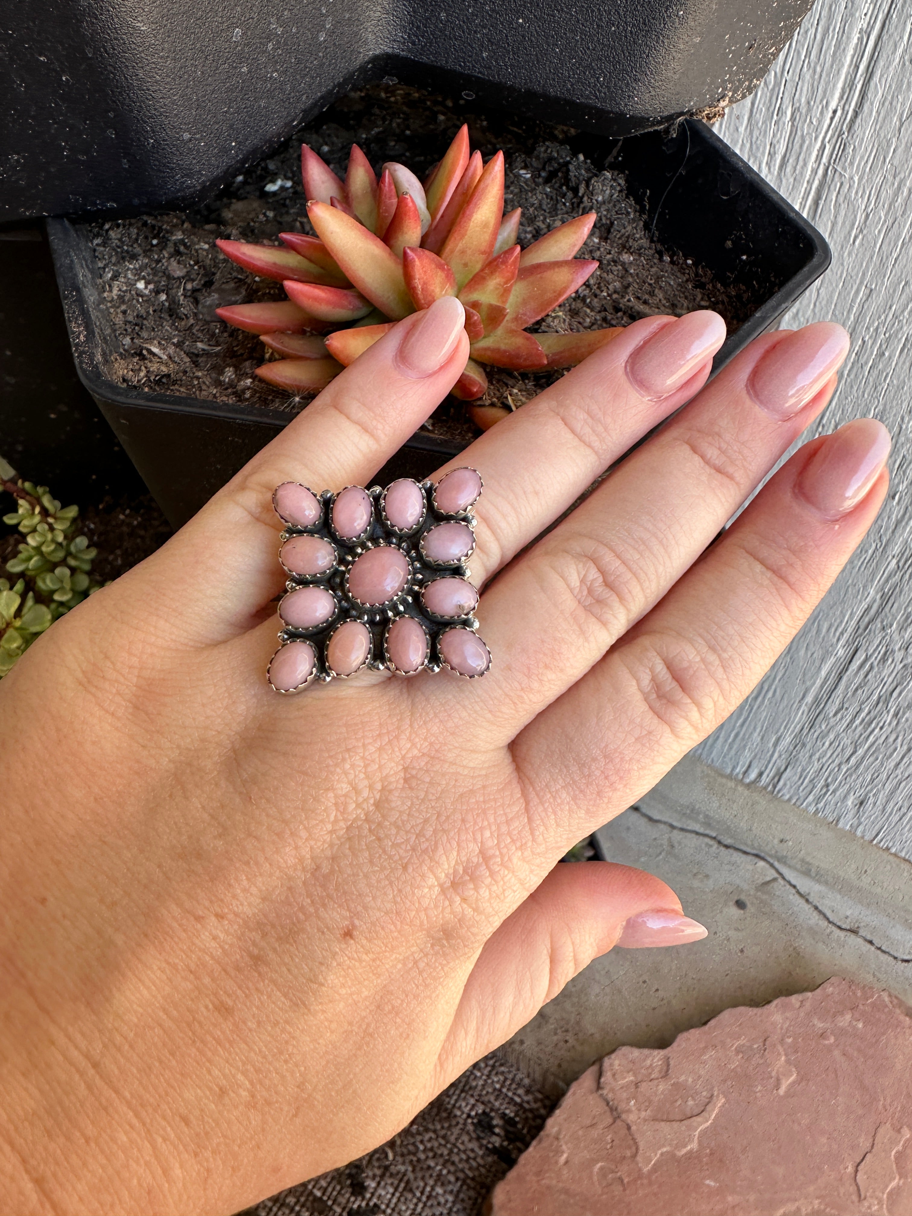 Beautiful Handmade Pink Conch And Sterling Silver Adjustable Cluster Ring