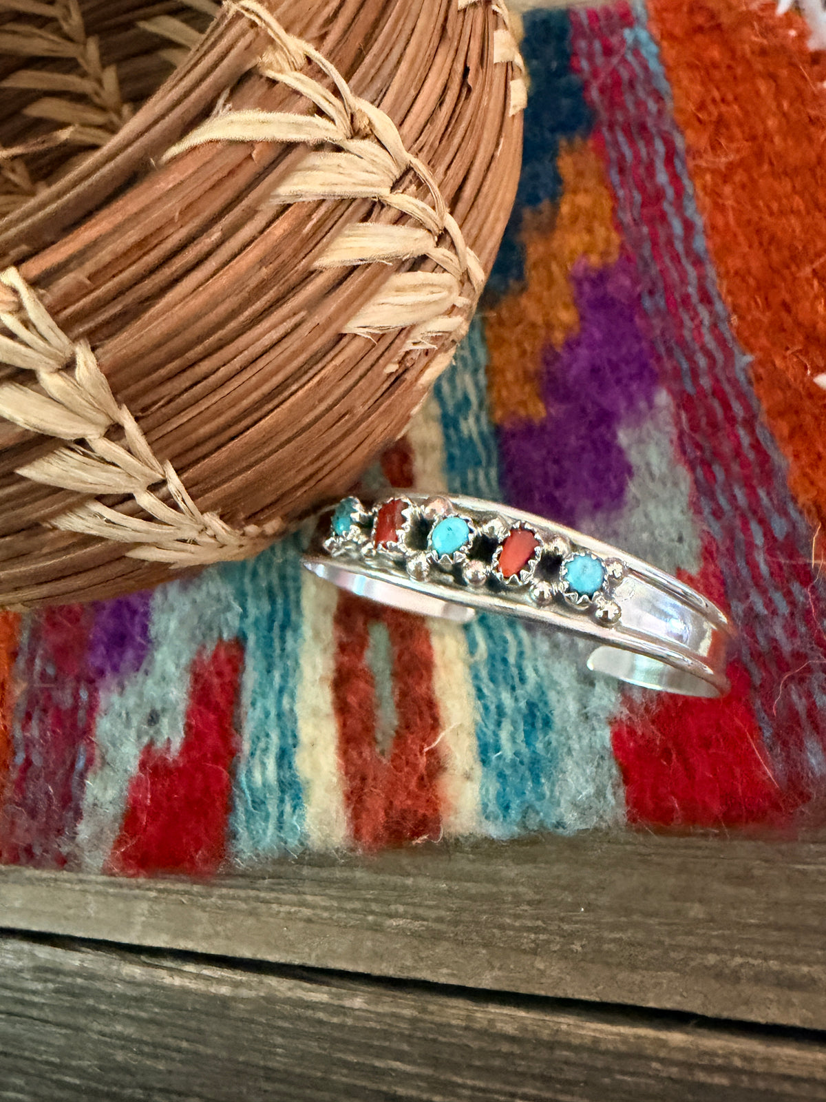 Handcrafted Turquoise, Coral & Sterling Silver Baby Cuff Bracelet