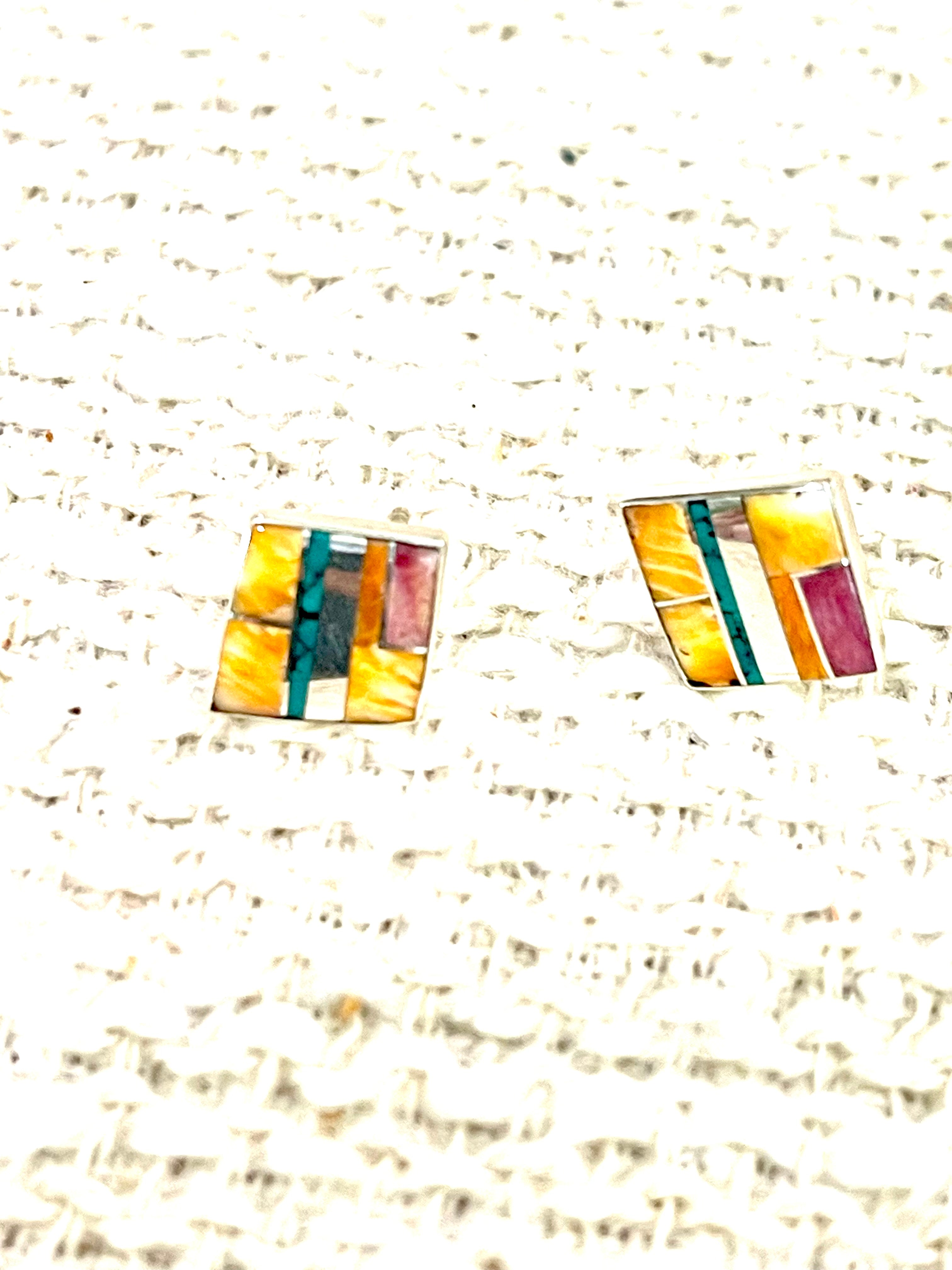 Beautiful Handmade Sterling Silver & Multi Stone Inlay Stud Earrings
