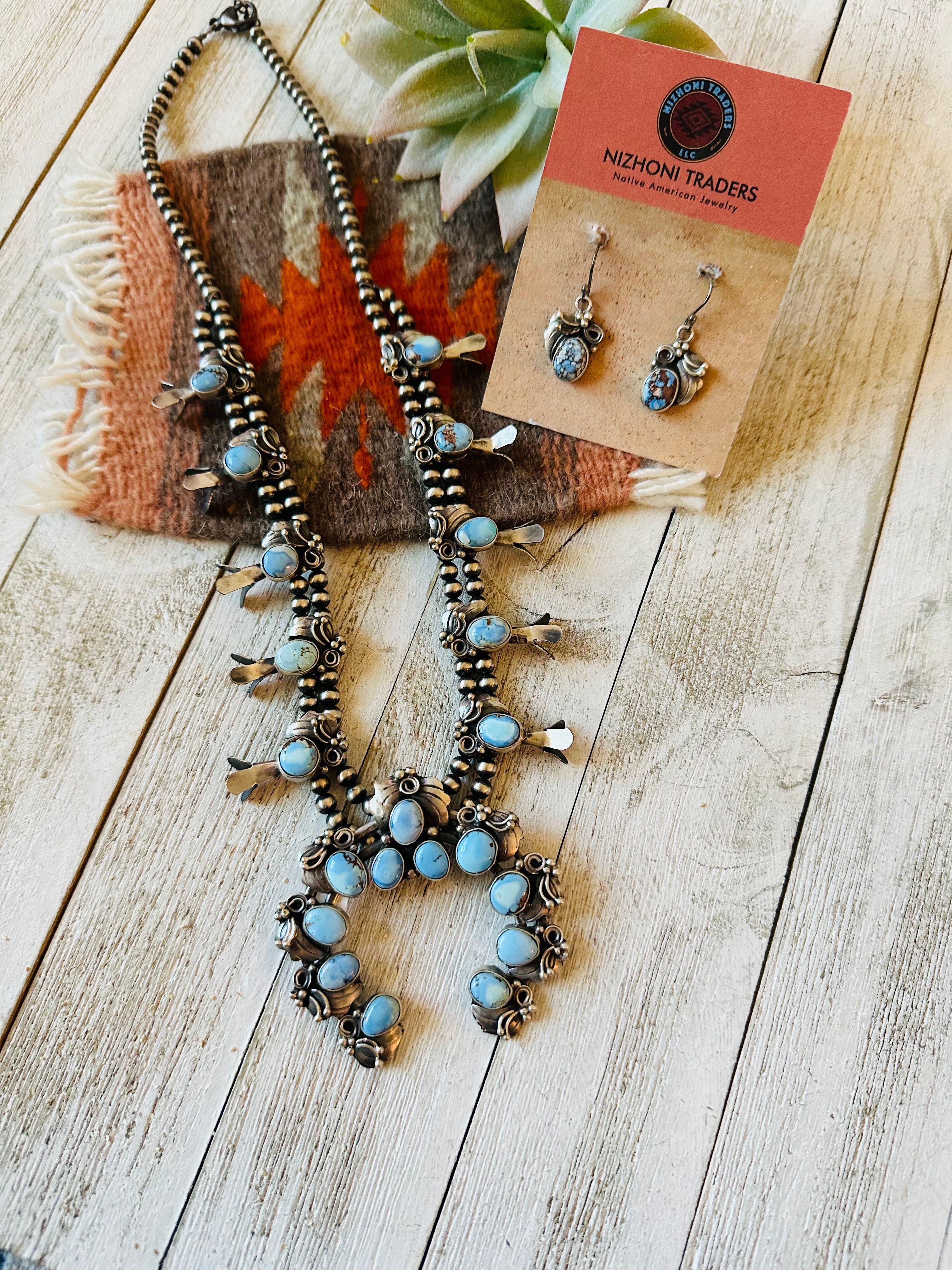 Navajo Golden Hills Turquoise & Sterling Silver Squash Blossom Necklace Set