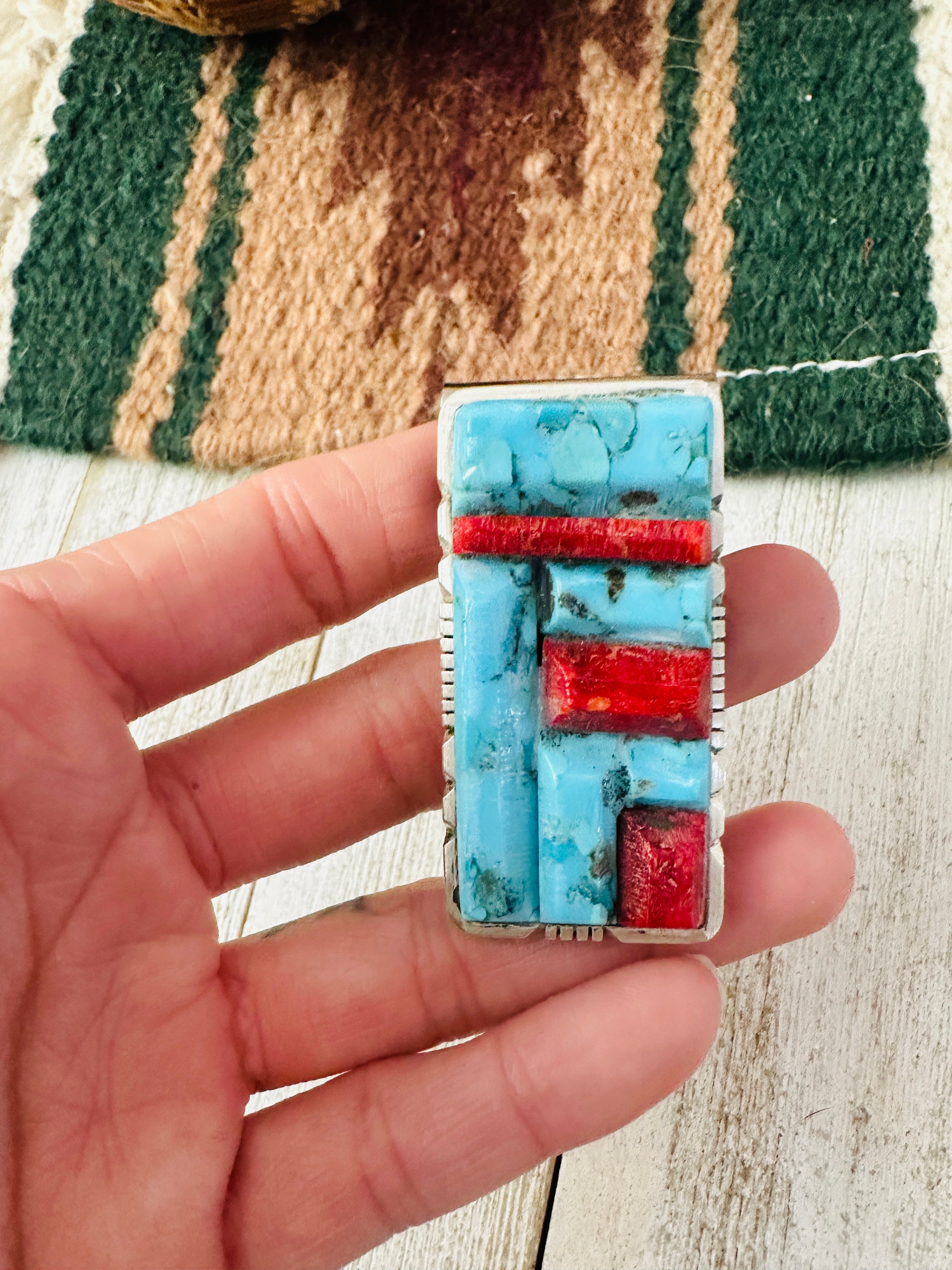 Navajo Turquoise, Coral & Sterling Silver Inlay Money Clip