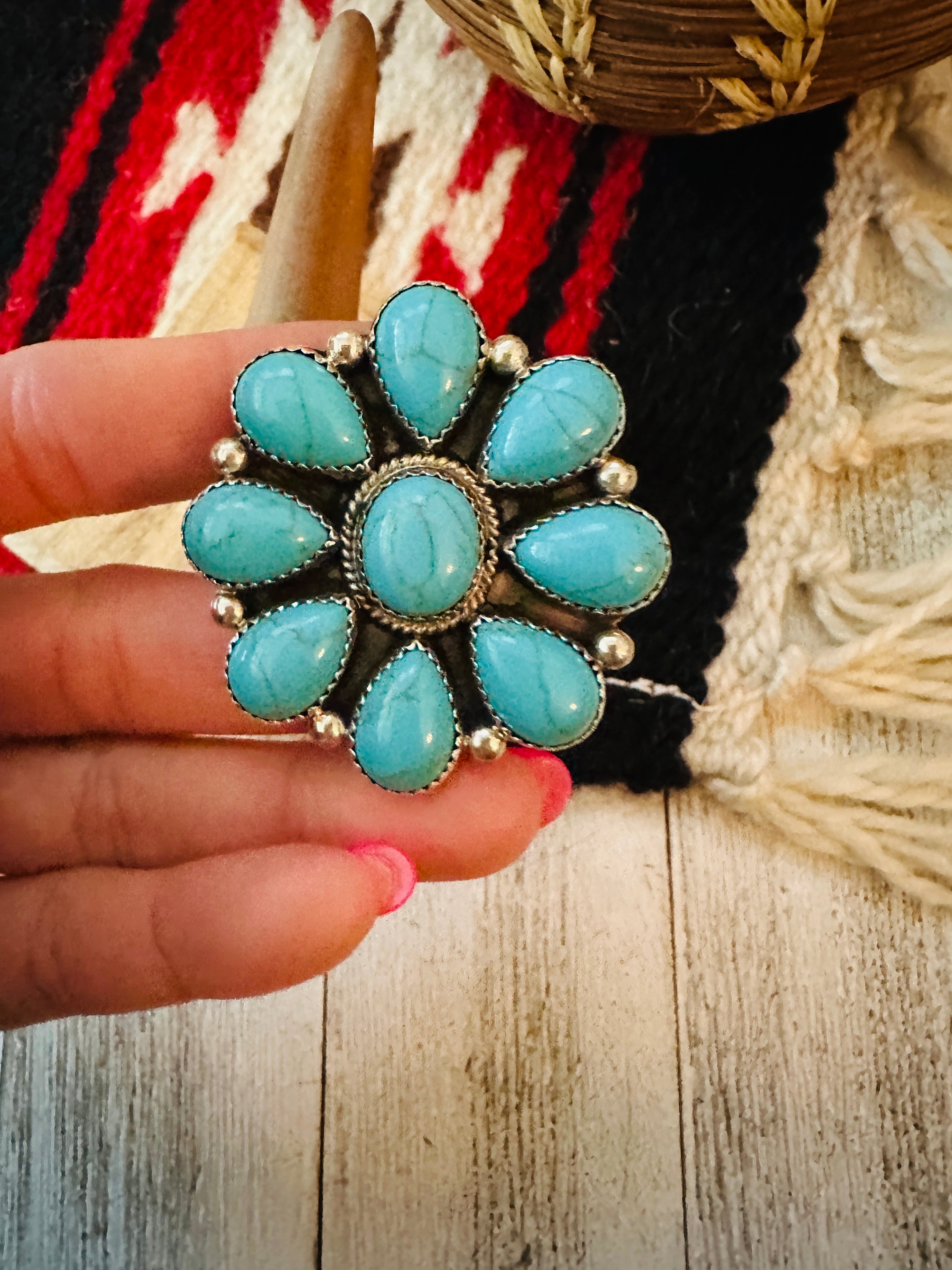 Navajo Sterling Silver & Kingman Turquoise Cluster Ring Size 8