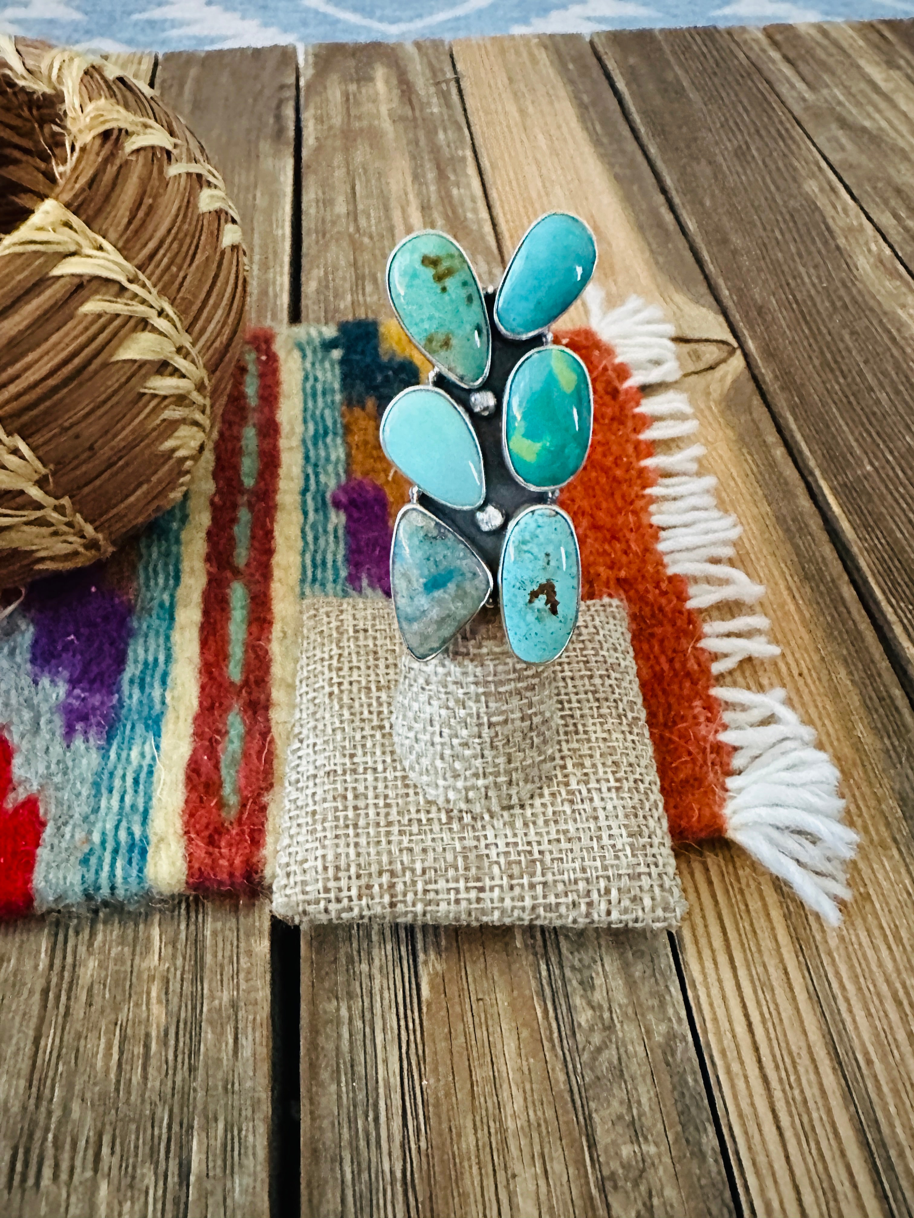 Handcrafted Turquoise & Sterling Silver Cluster Adjustable Ring