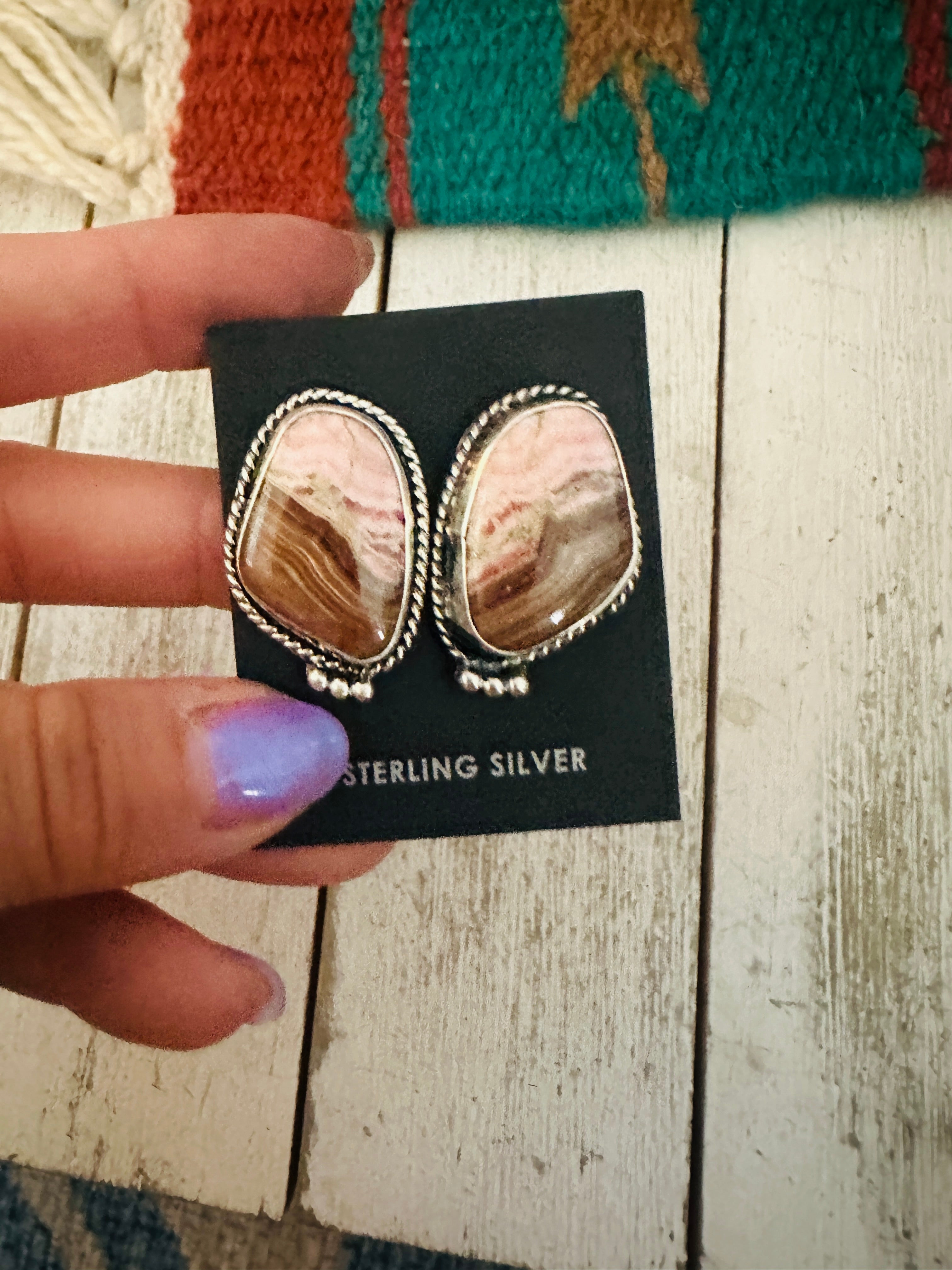 Navajo Rhodochrosite and Sterling Silver Post Earrings