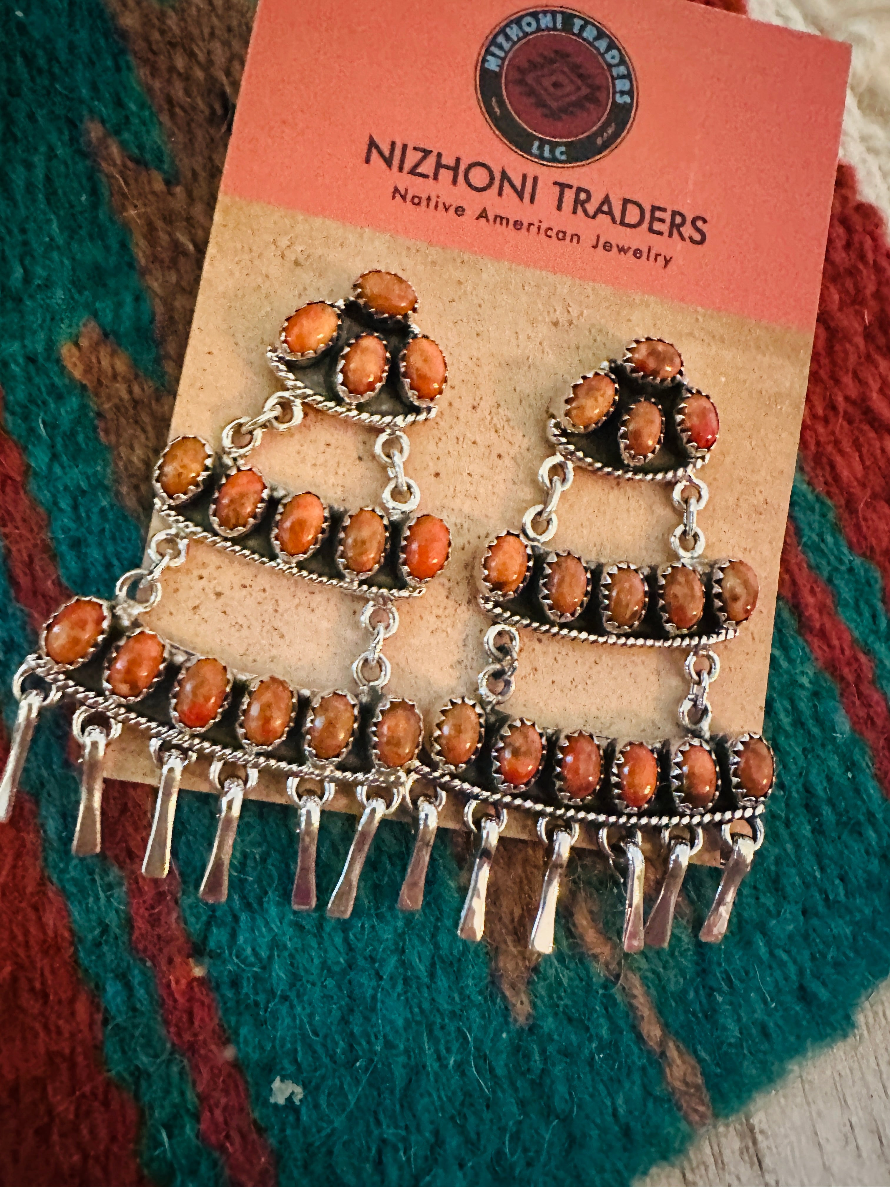 Handmade Orange Spiny & Sterling Silver Dangle Earrings Signed Nizhoni