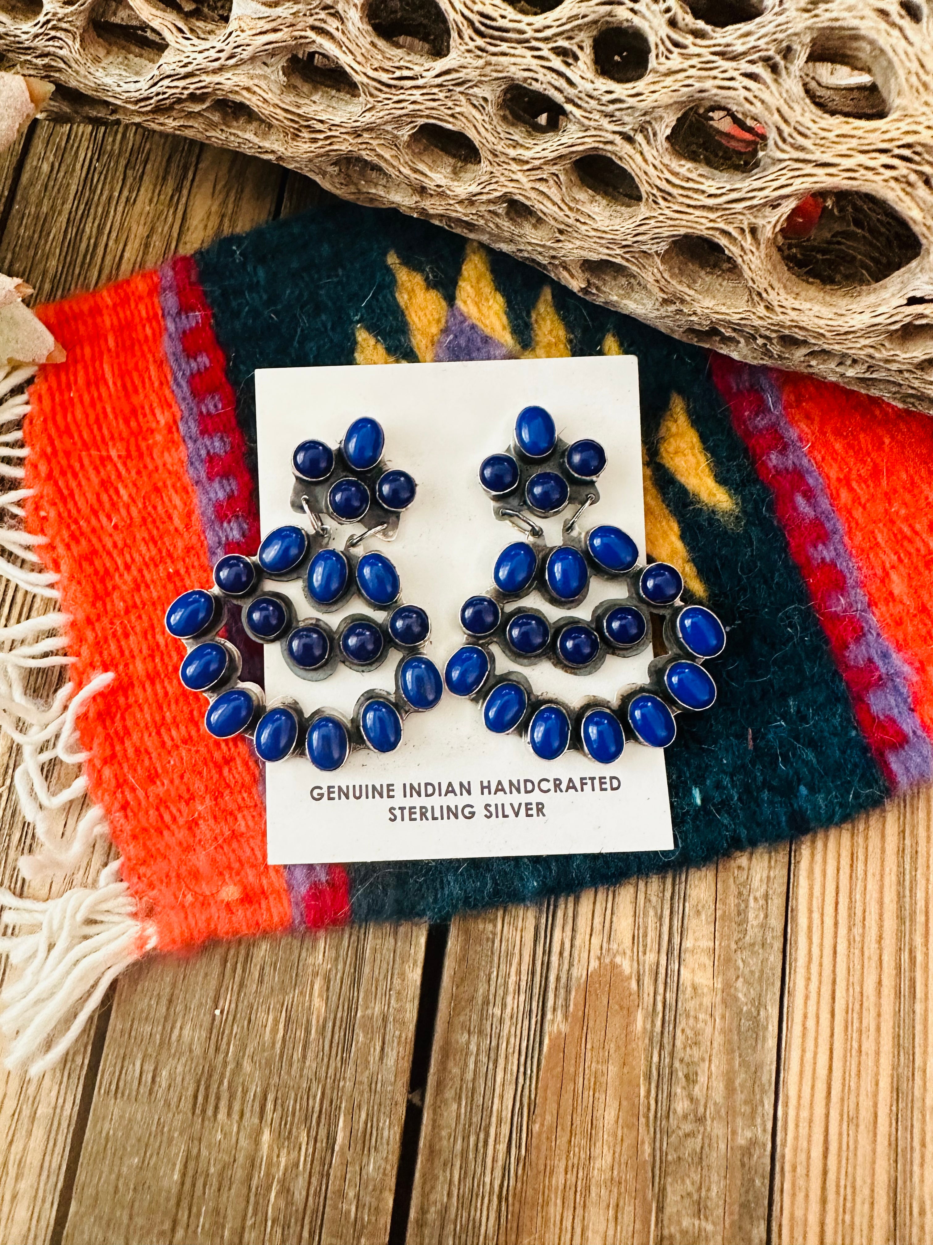 Navajo Lapis & Sterling Silver Cluster Dangle Earrings