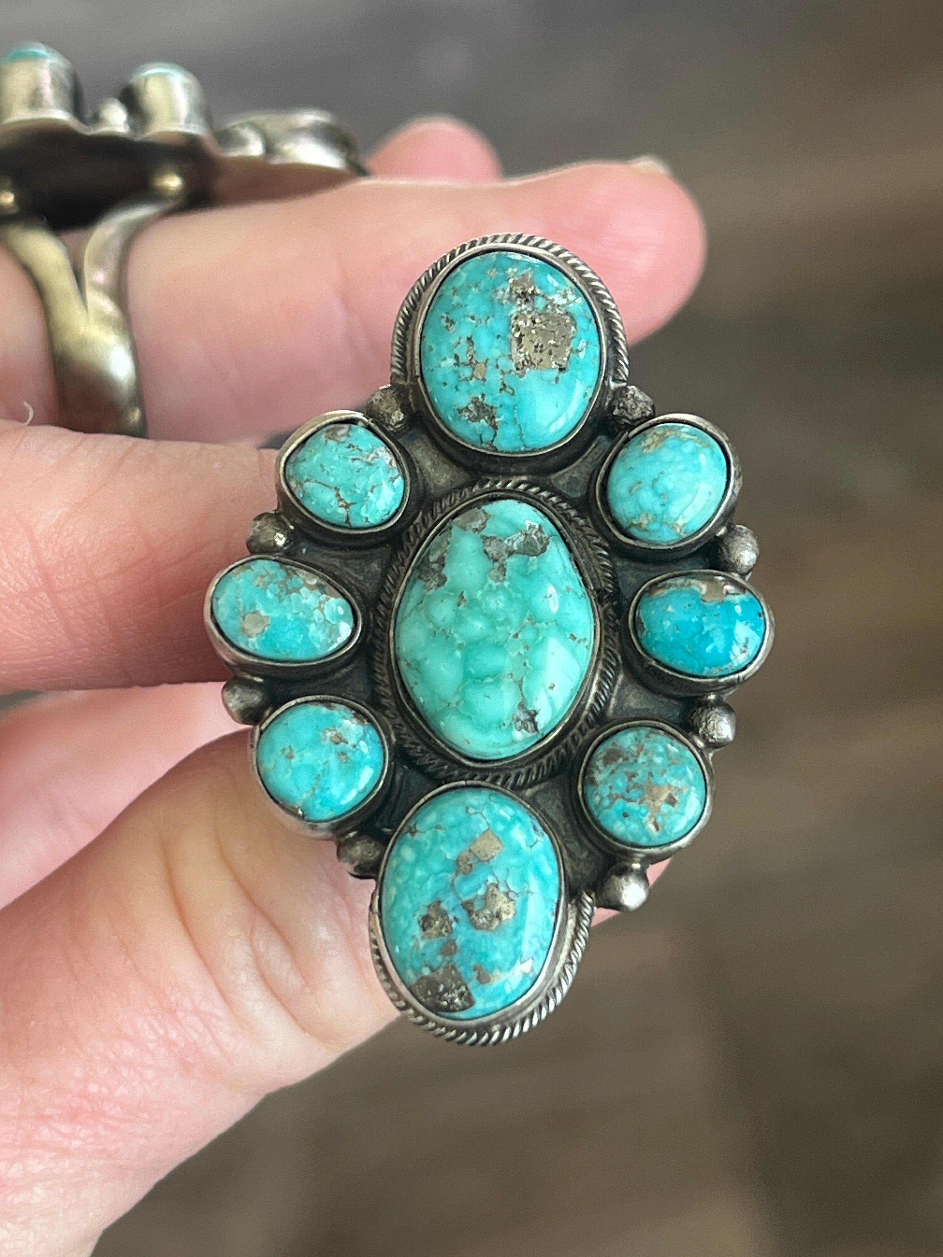 Handcrafted Sterling Silver and Natural Campitos Turquoise Cluster Rings by Sheila Becenti