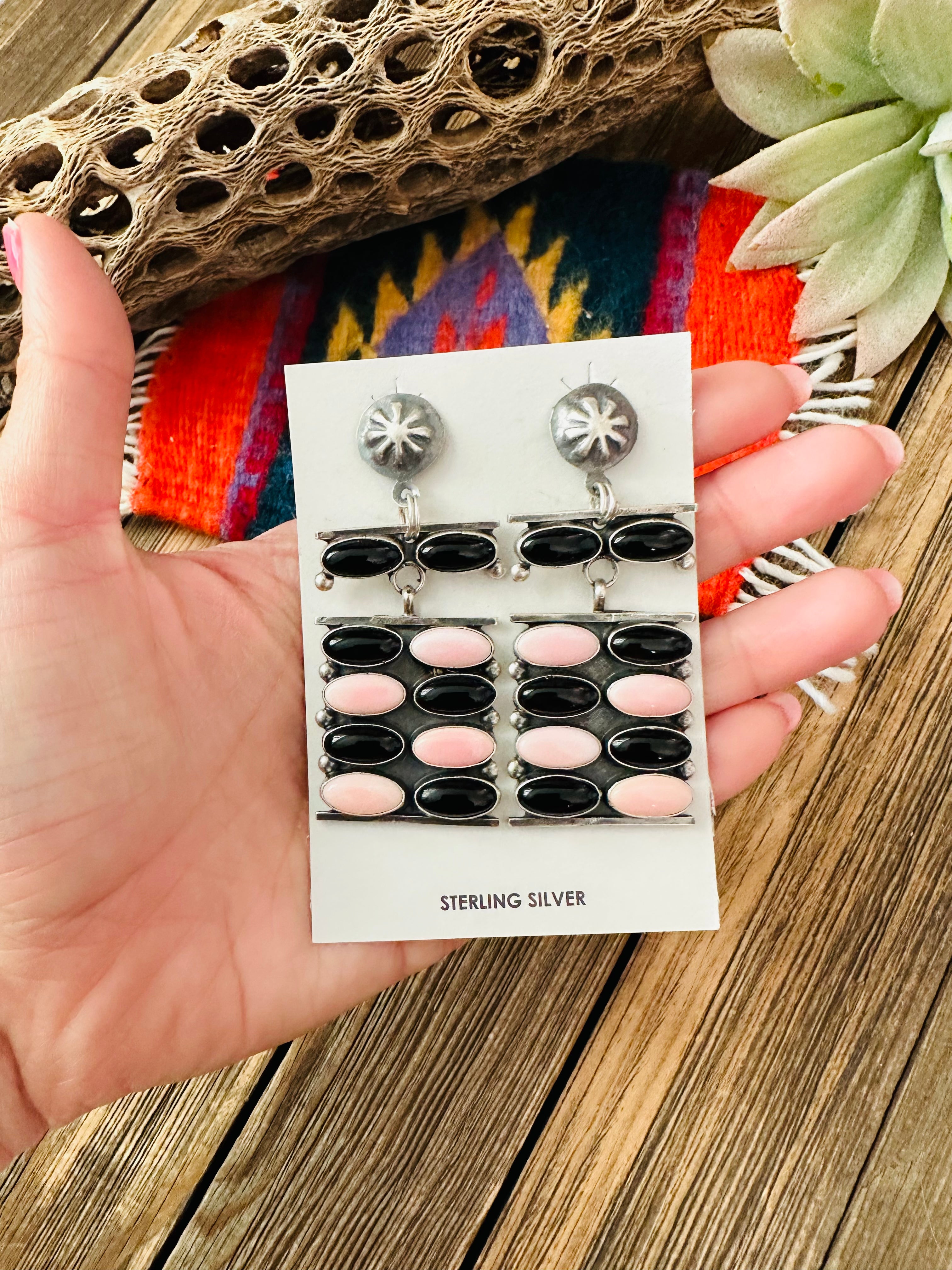 Navajo Queen Pink Conch, Onyx & Sterling Silver Dangle Earrings