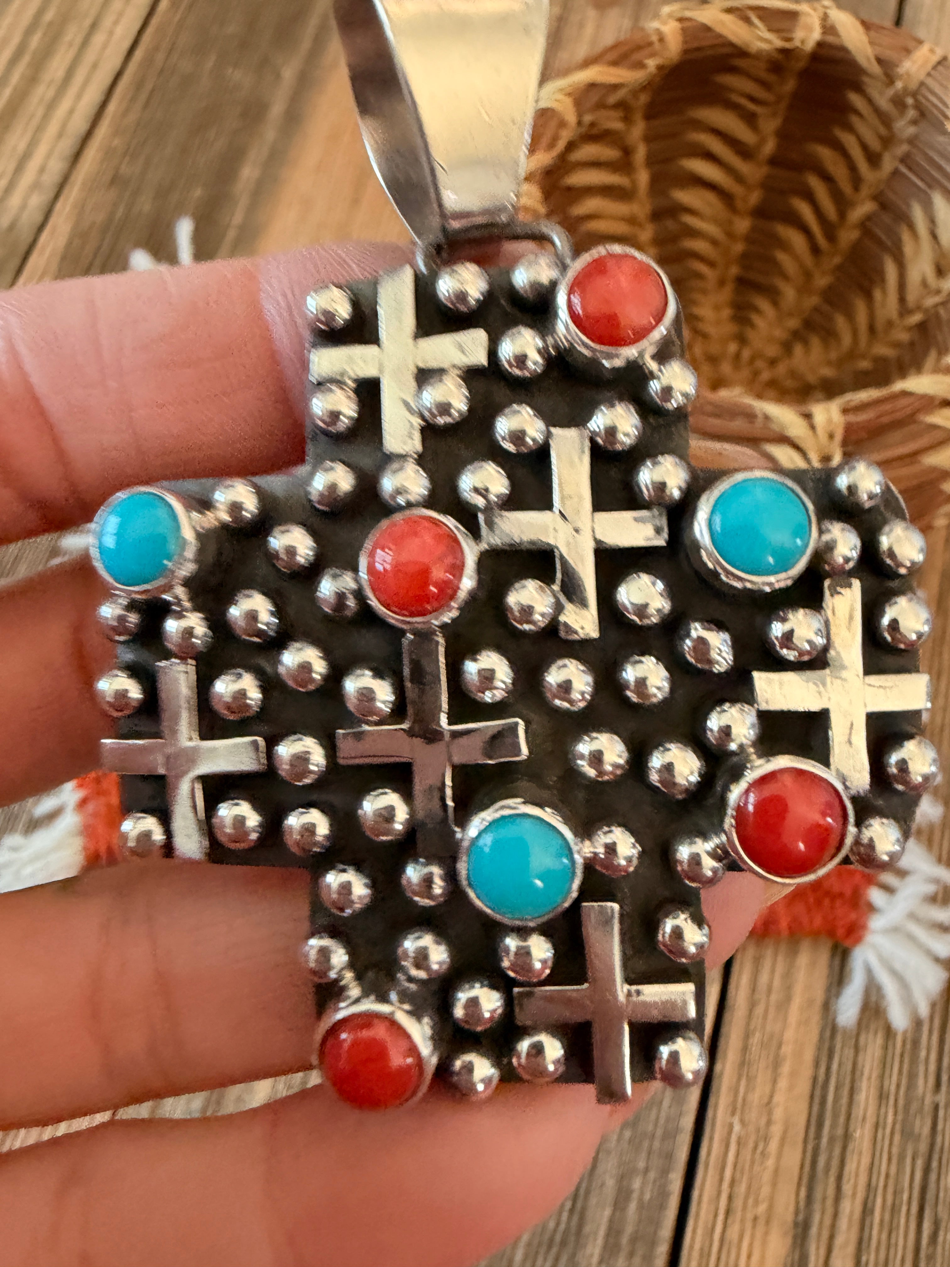 Handcrafted Turquoise, Coral & Sterling Silver Cross Pendant by Geneva Apachito
