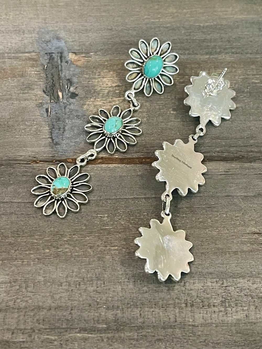 Handmade Flower Sterling Silver & Turquoise Post Dangle Earrings Signed Nizhoni