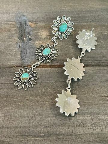 Handmade Flower Sterling Silver & Turquoise Post Dangle Earrings Signed Nizhoni