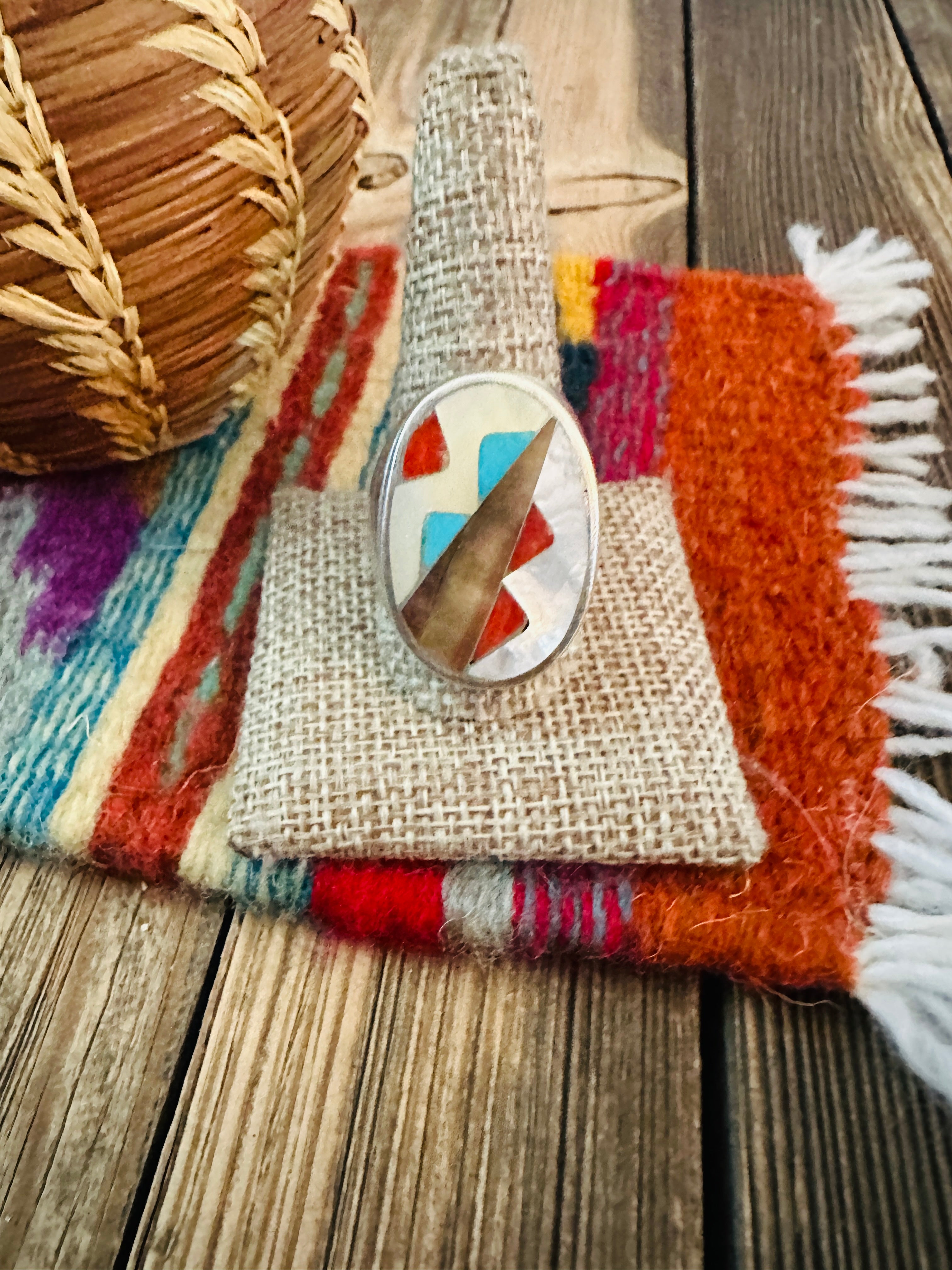 Old Pawn Handcrafted Multi Stone & Sterling Silver Inlay Ring Size 11