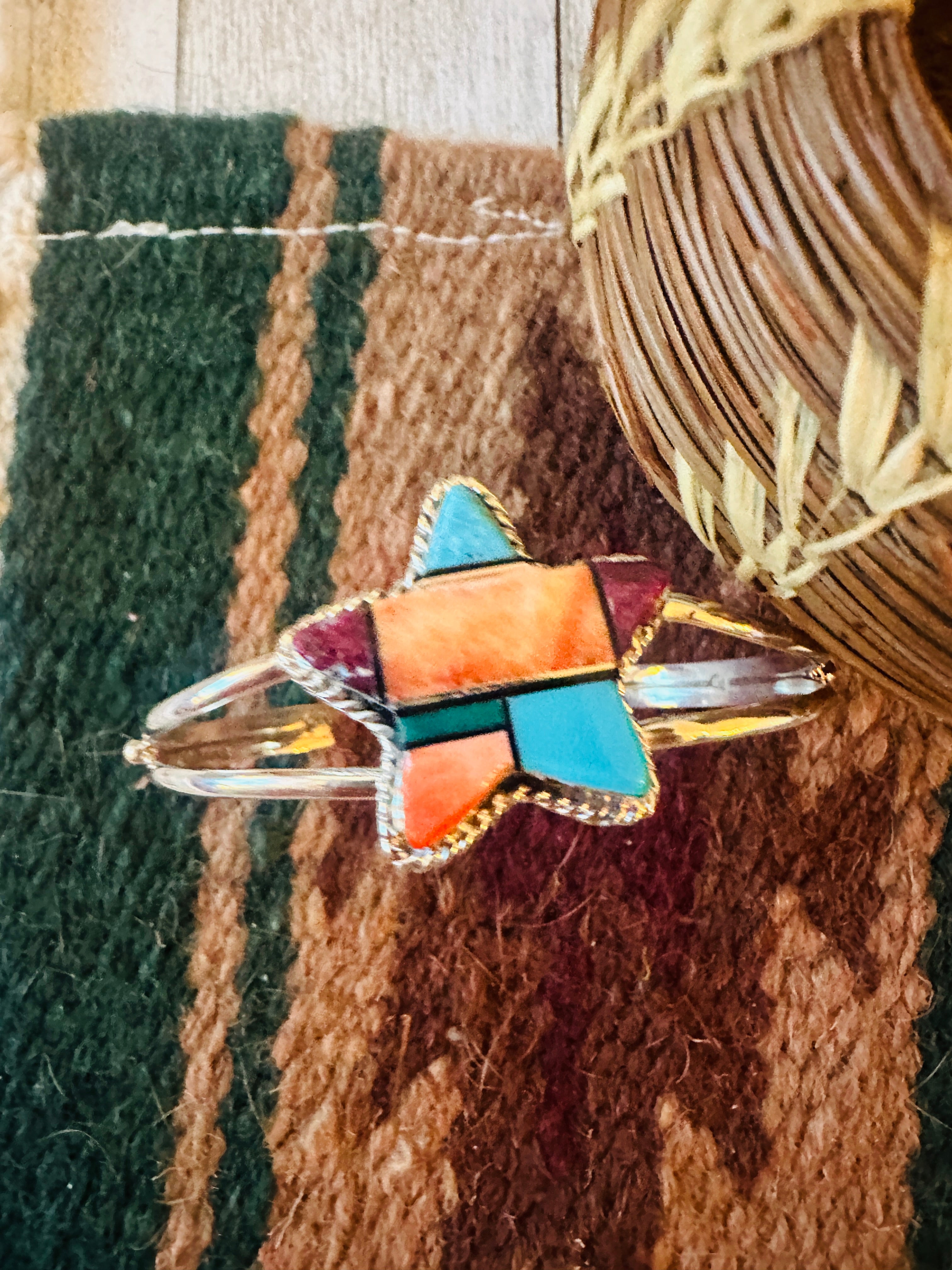 Navajo Multi Stone & Sterling Silver Inlay Star Cuff Bracelet