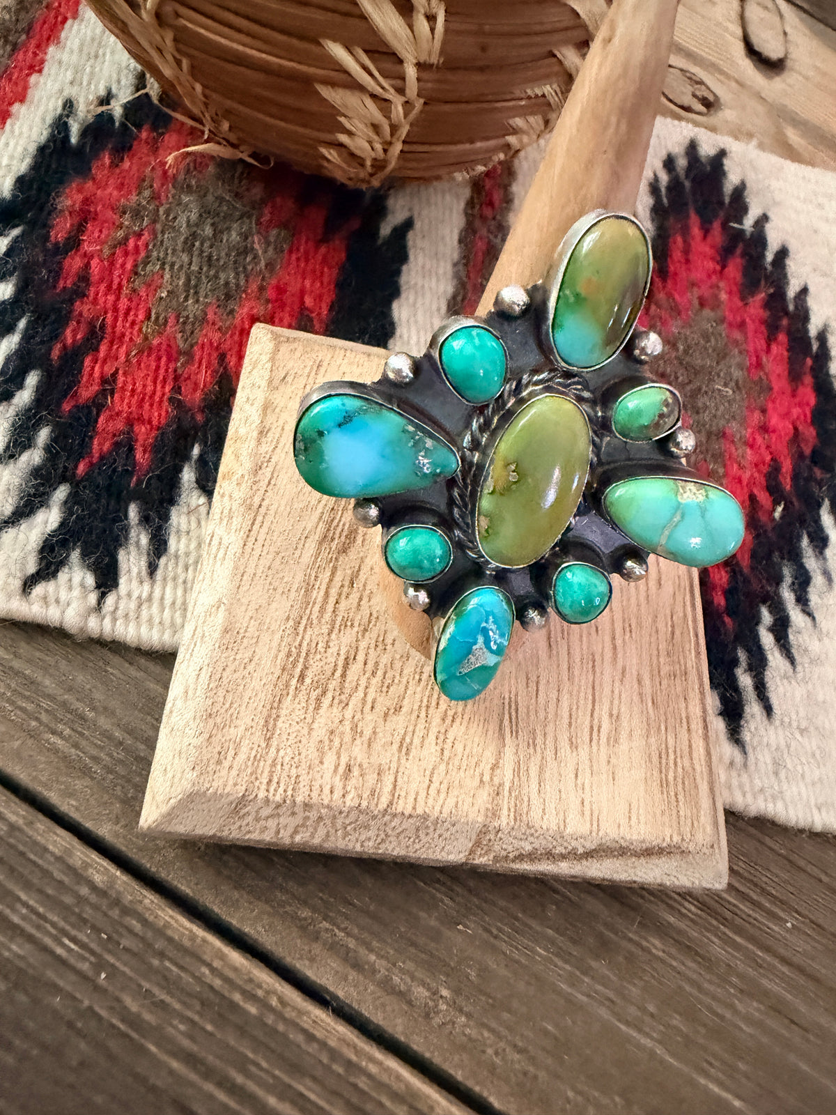 Handcrafted Turquoise & Sterling Silver Cluster Adjustable Ring
