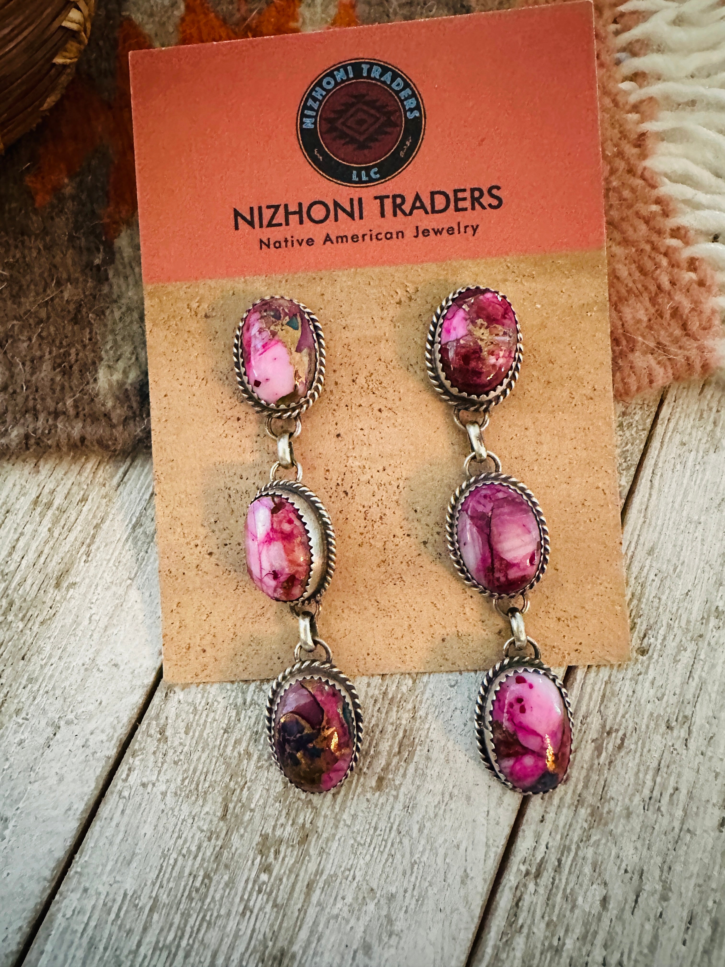 Navajo Sterling Silver & Pink Dream Mojave Dangle Earrings