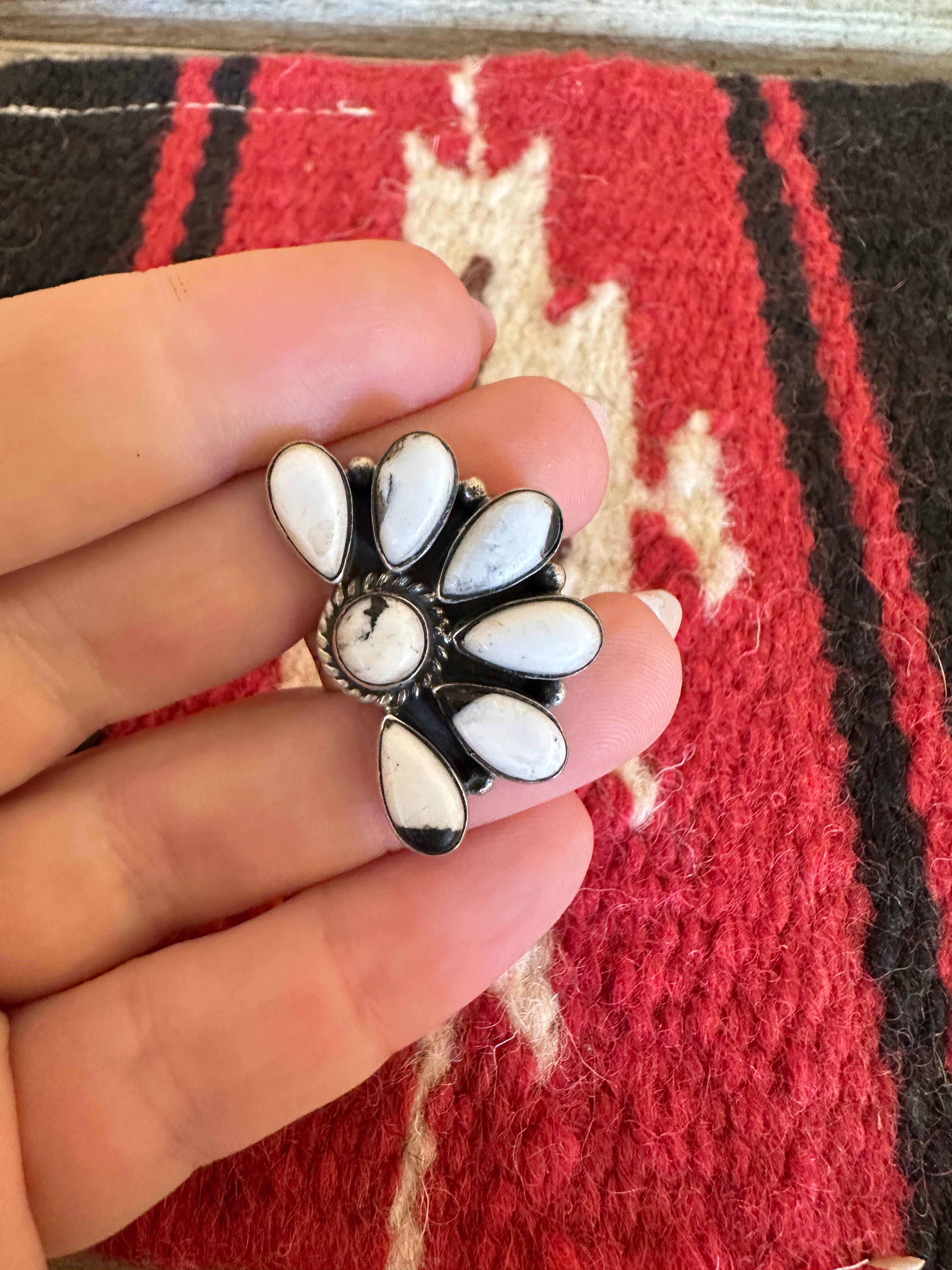 Beautiful Handmade White Buffalo And Sterling Silver Adjustable Cluster Crescent Ring