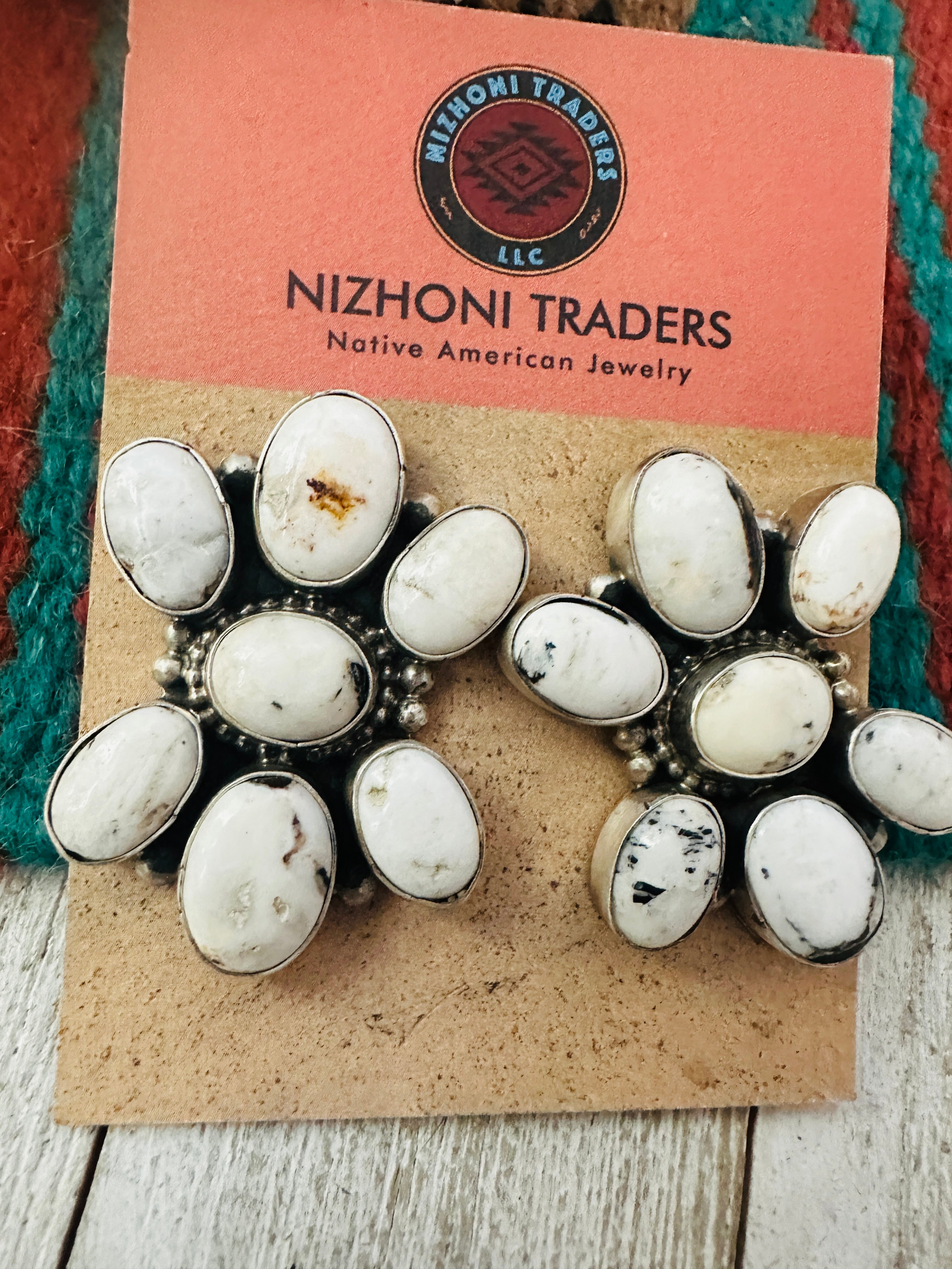 Navajo White Buffalo & Sterling Silver Cluster Post Earrings