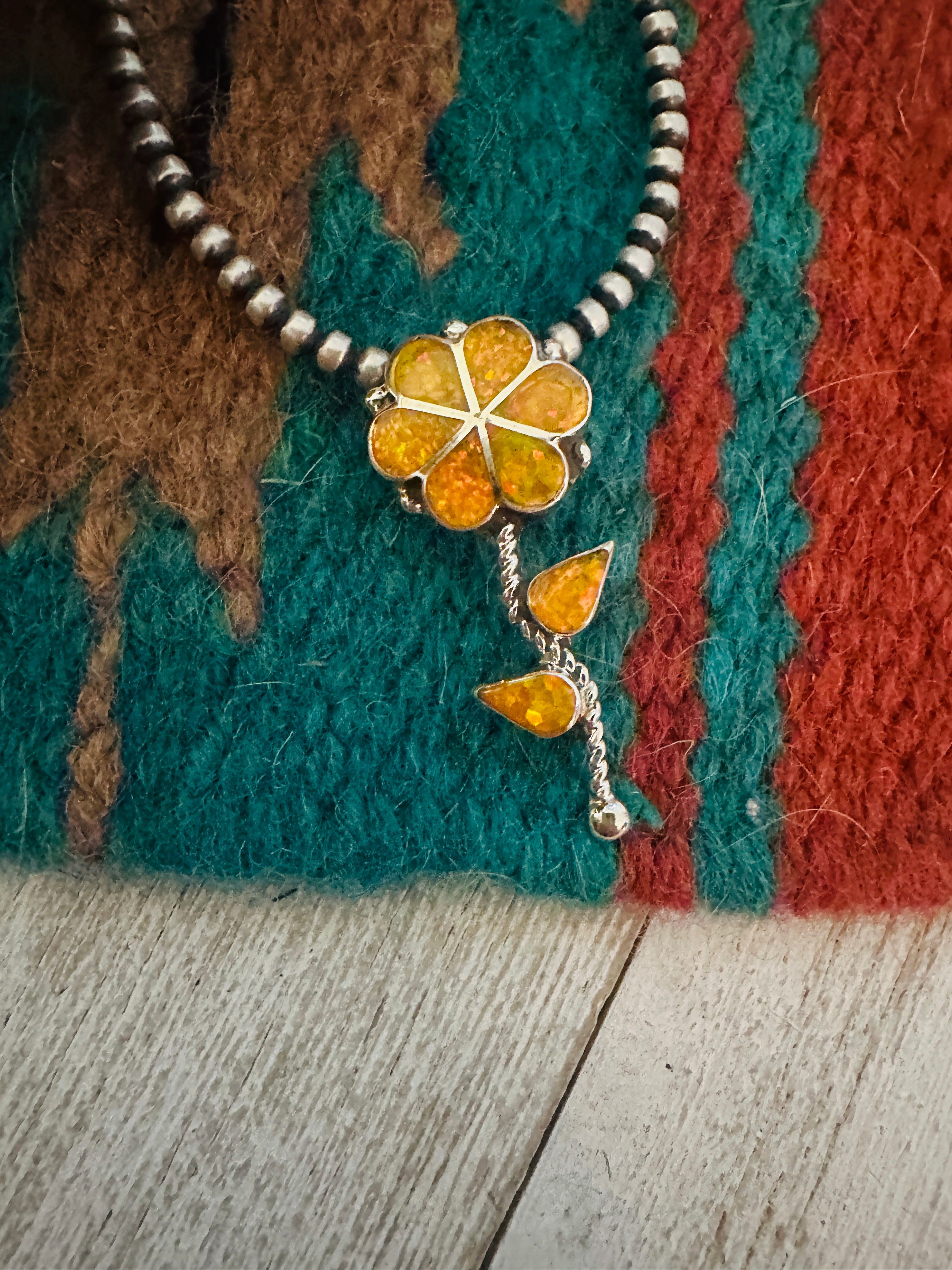 Zuni Yellow Opal & Sterling Silver Inlay Flower Pendant