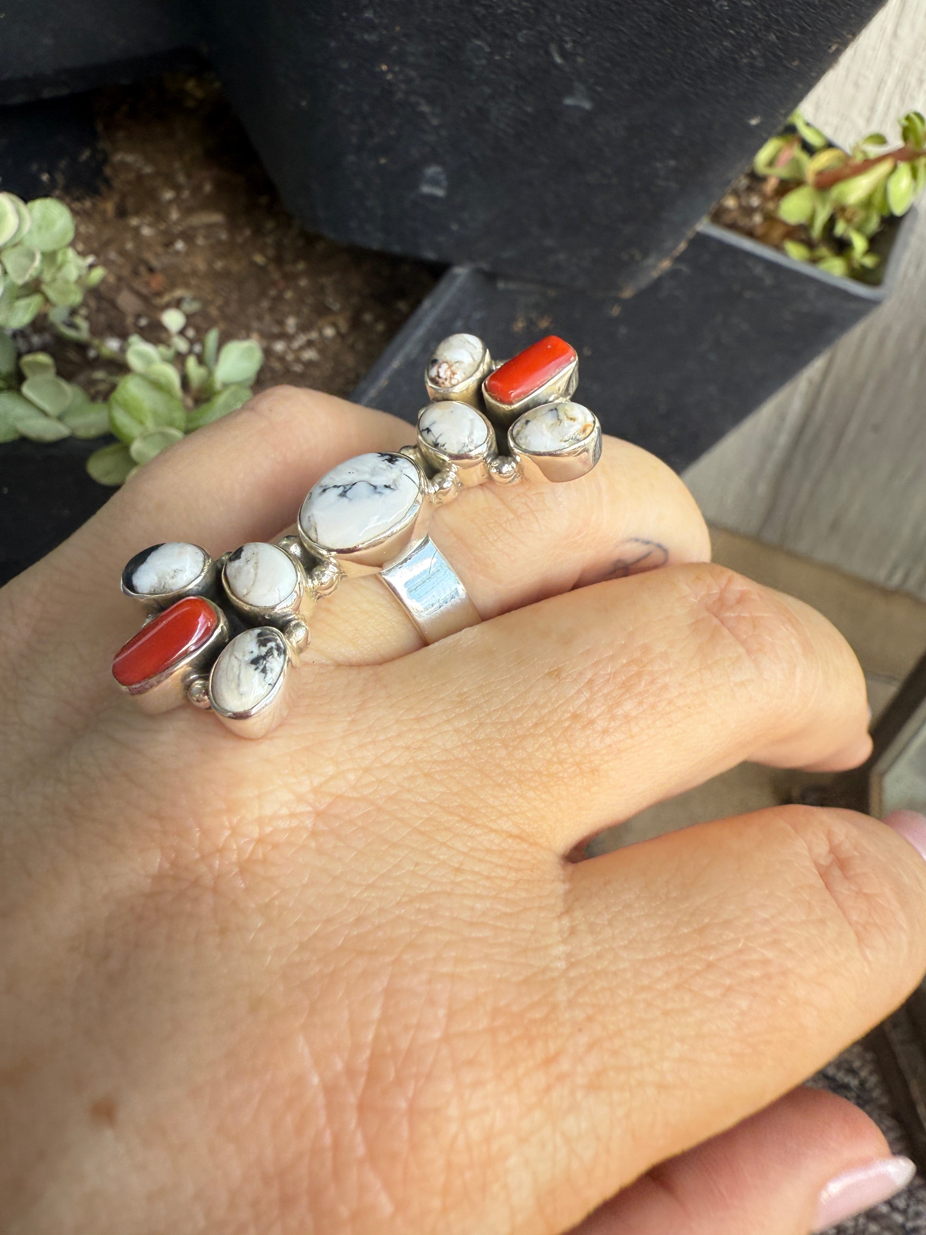 Handmade Coral, White Buffalo & Sterling Silver Adjustable Ring Signed Nizhoni