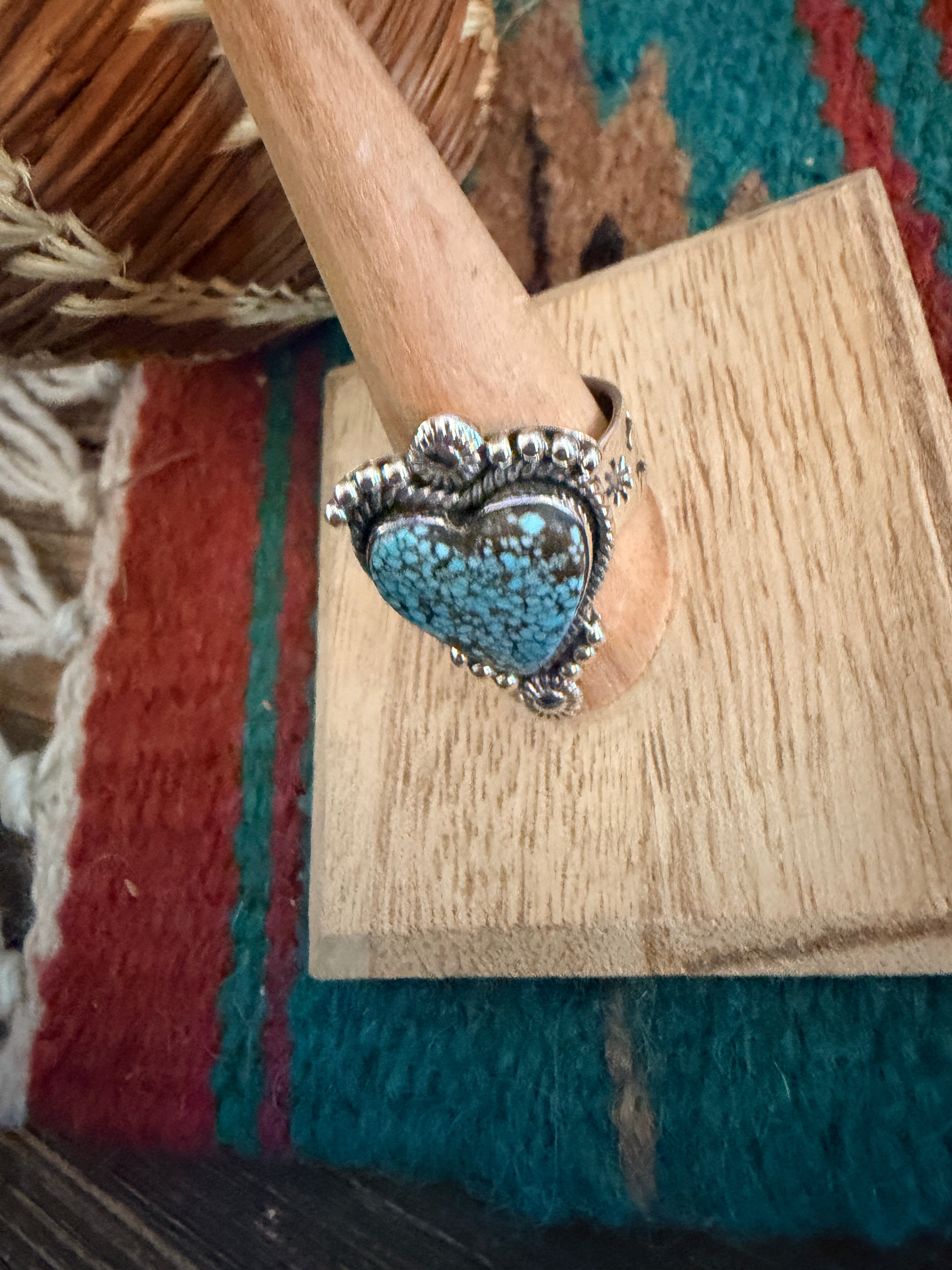 Handmade Sterling Silver Number 8 Turquoise Adjustable Heart Ring Signed Nizhoni