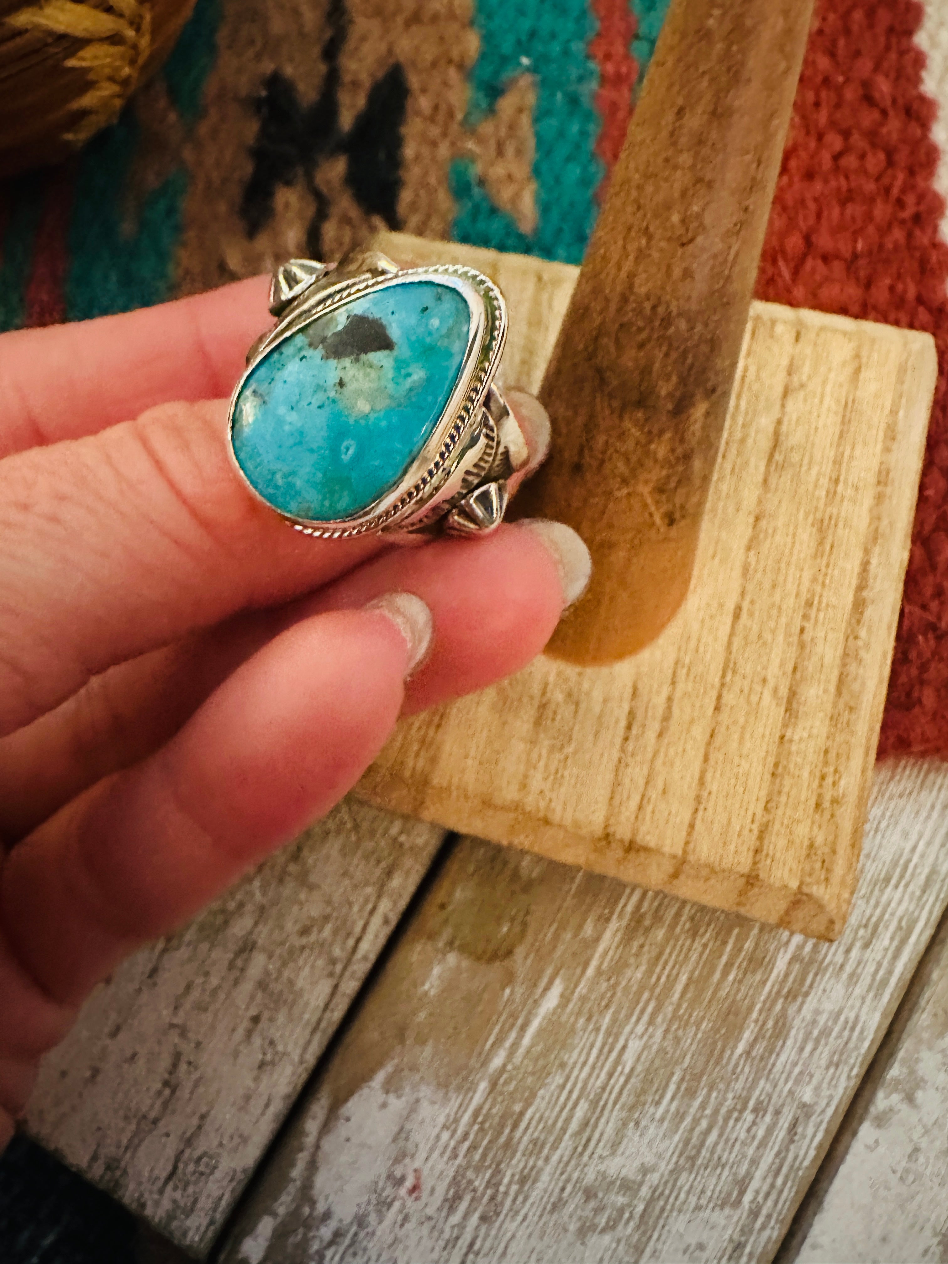 Navajo Sterling Silver & Turquoise Teardrop Cigar Band Ring Size 9