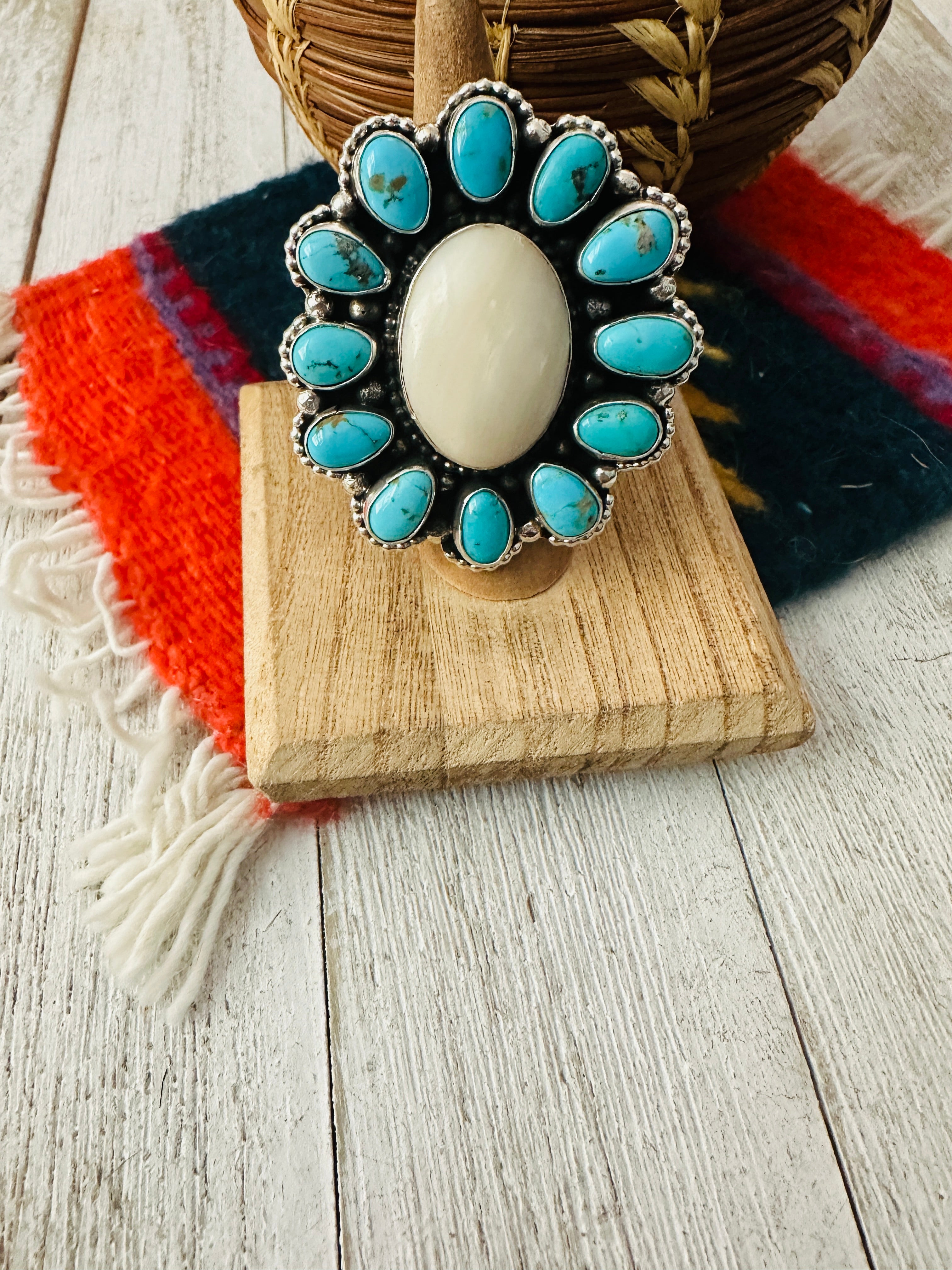 Navajo Sterling Silver, Turquoise & Mother of Pearl Cluster Adjustable Ring