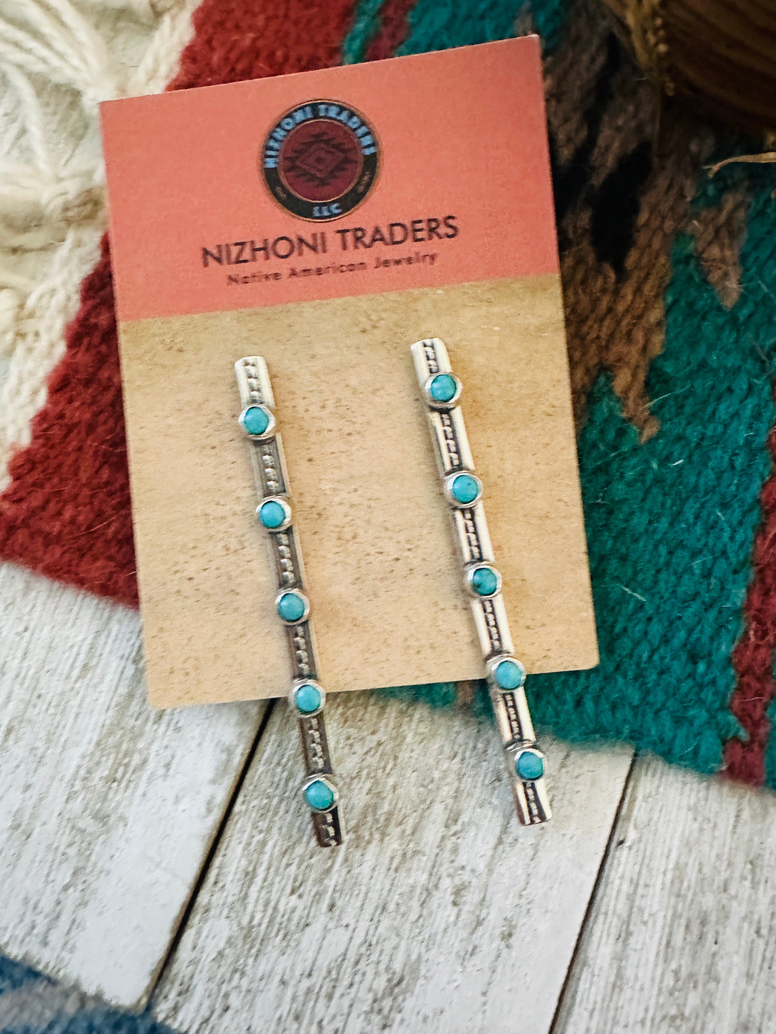 Handcrafted Turquoise & Sterling Silver Five Stone Drop Dangle Earrings