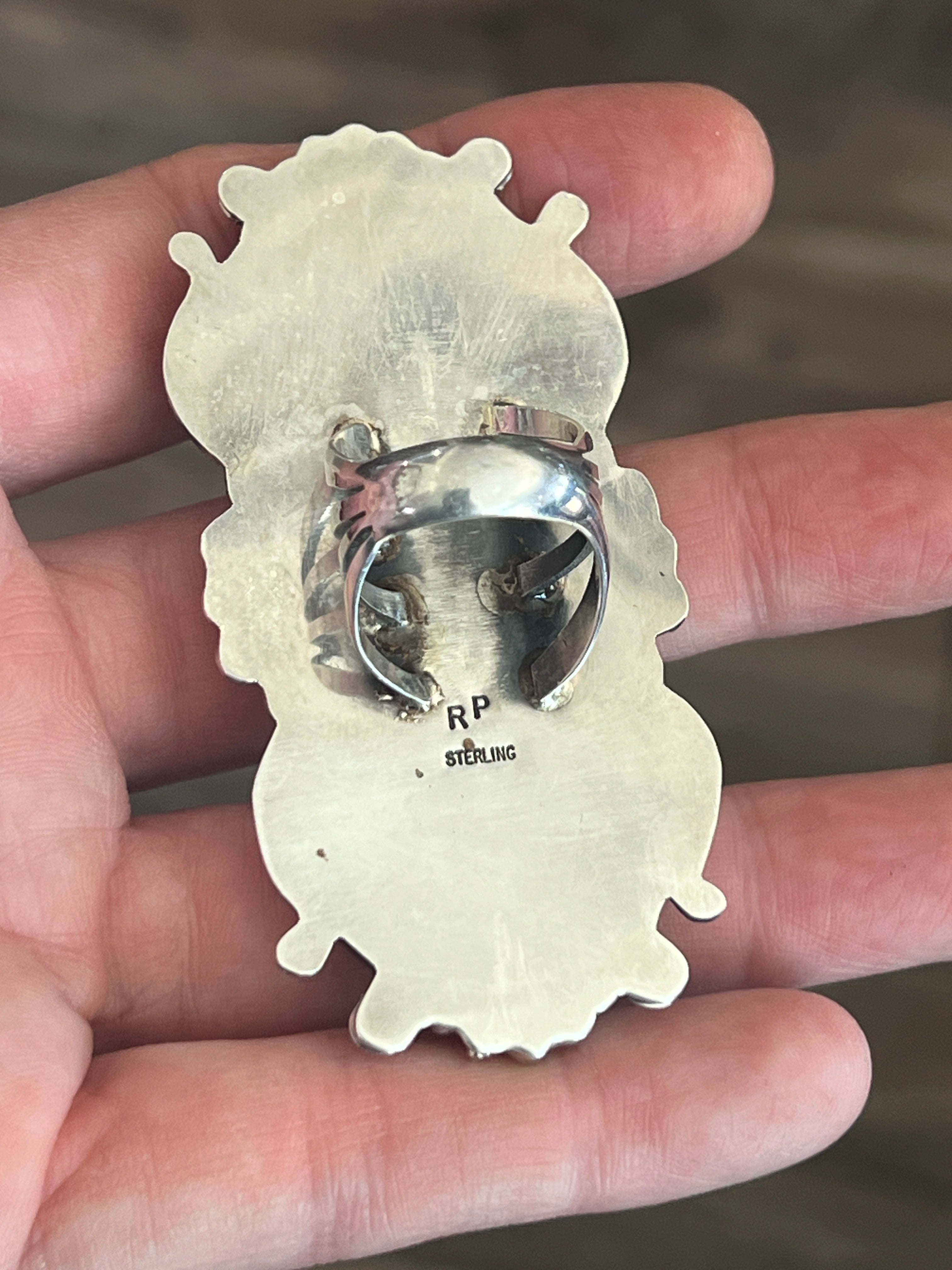 Apache Sterling Silver, Wild Horse Heart and Egyptian Turquoise Statement Ring by Rosella Paxson, Size 6.5