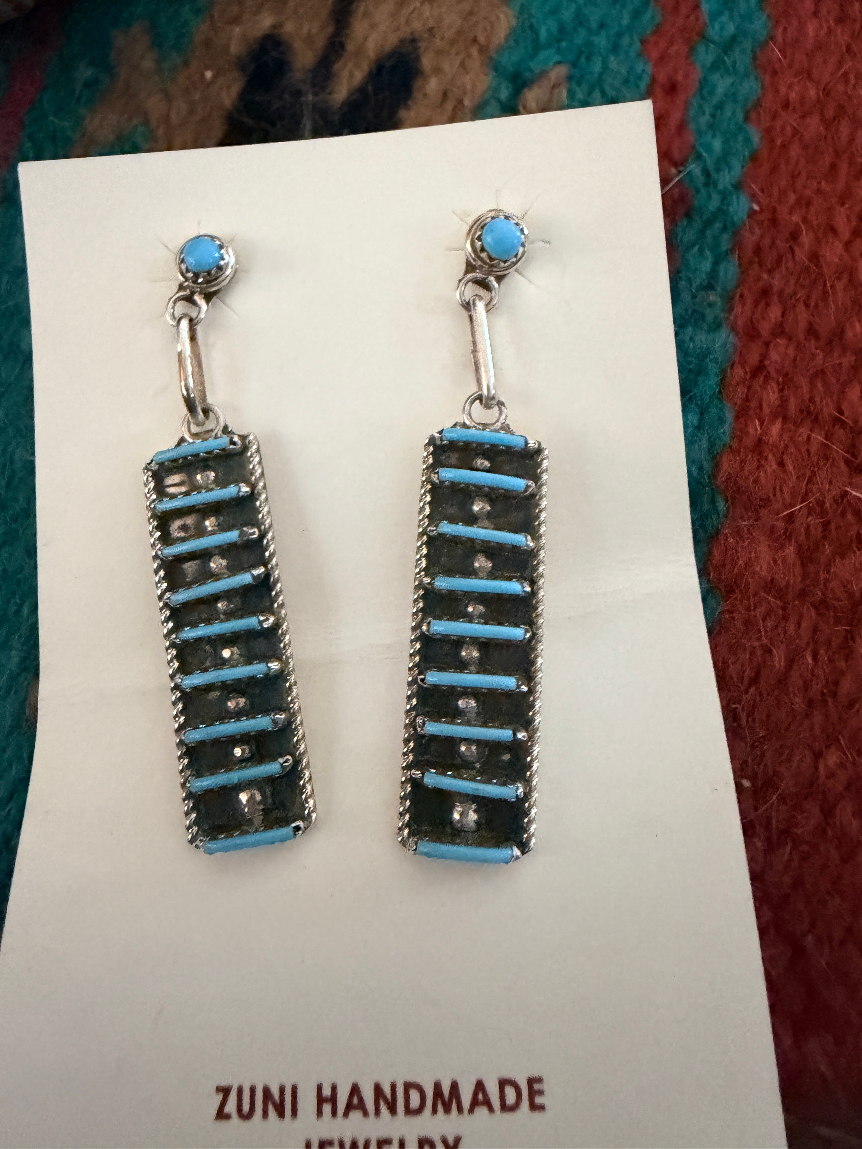 Handcrafted Turquoise & Sterling Silver Needlepoint Dangle Earrings