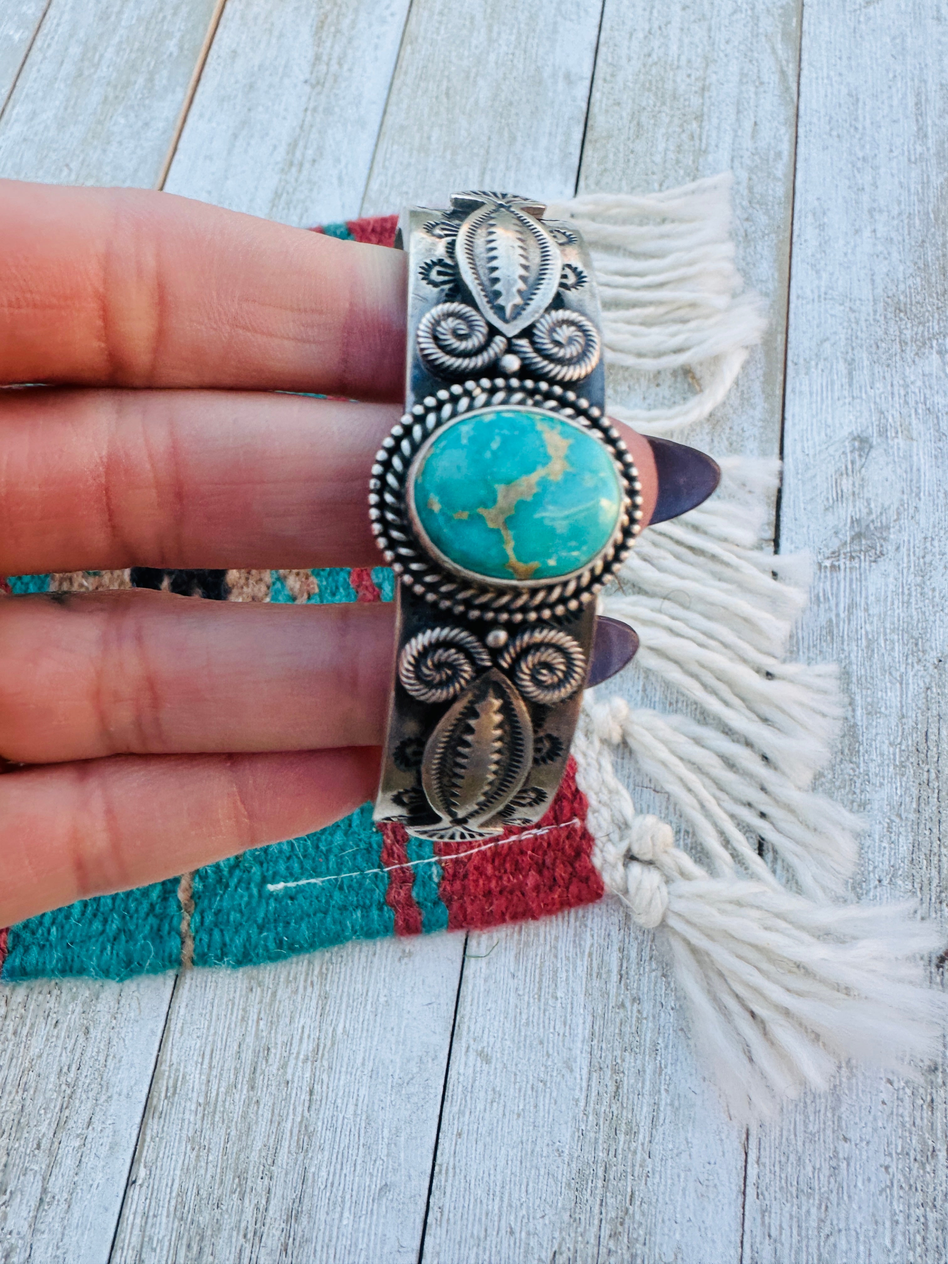 Handcrafted Old Pawn Sterling Silver & Turquoise Cuff Bracelet by M&R Calladitto