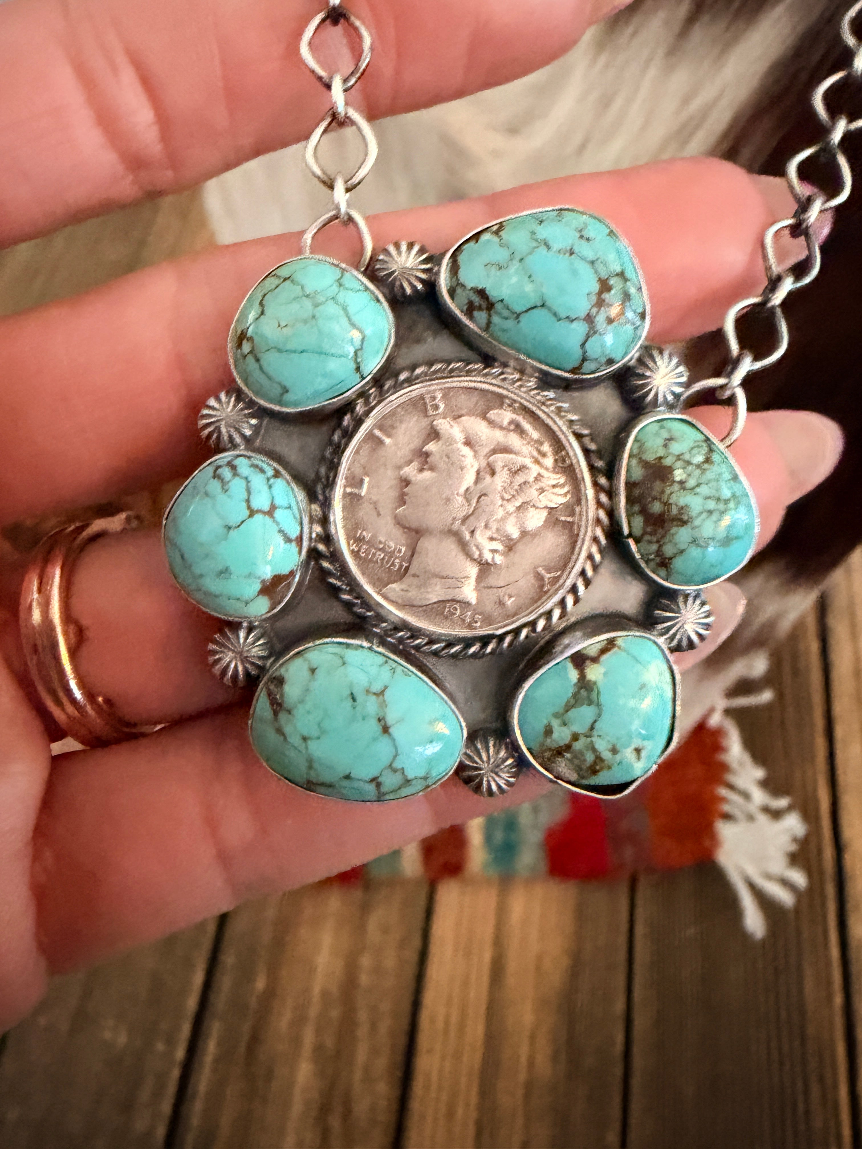 Handcrafted Turquoise & Sterling Silver Liberty Dime Necklace by Sheila Tso