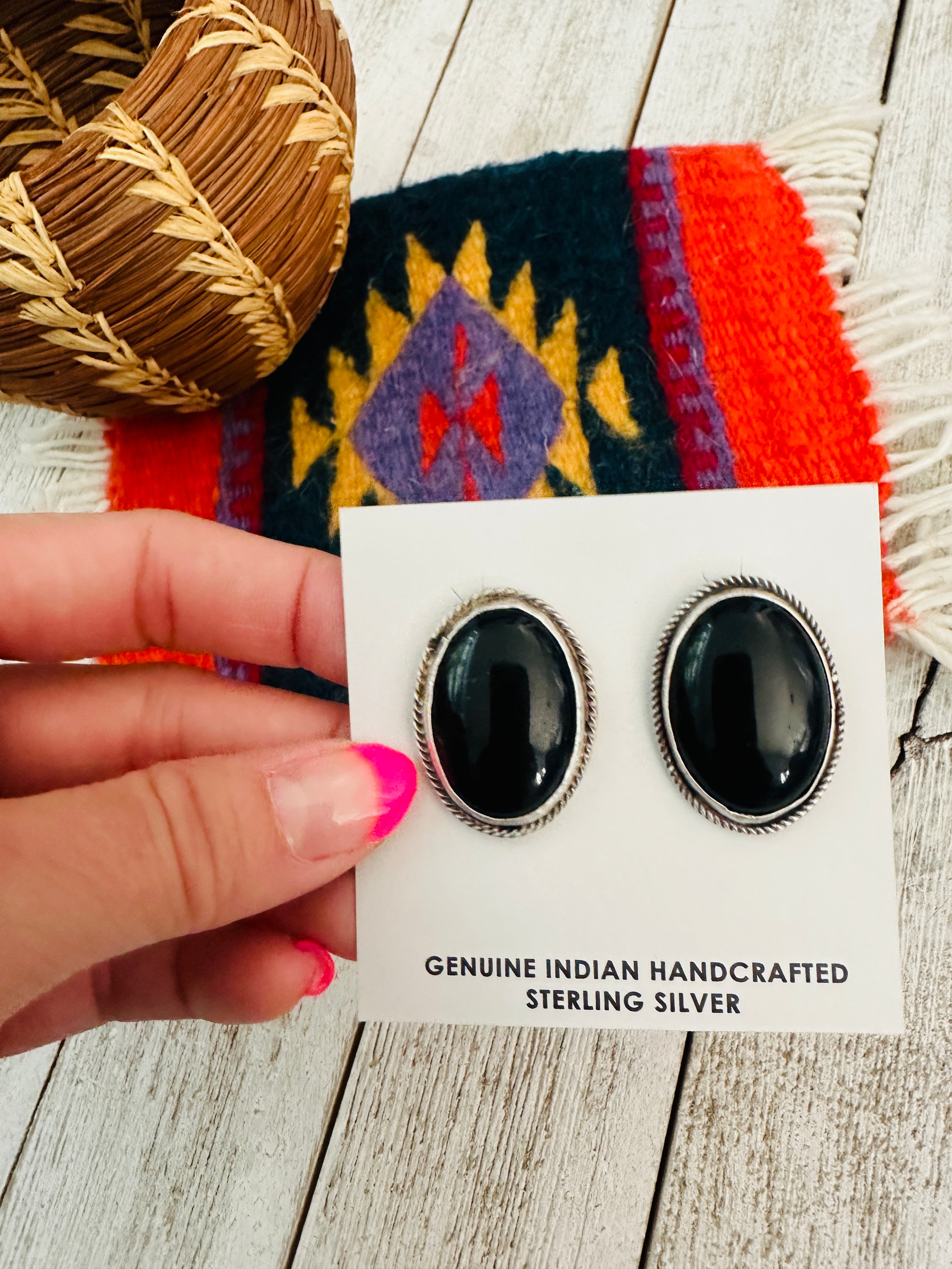 Navajo Onyx & Sterling Silver Post Earrings