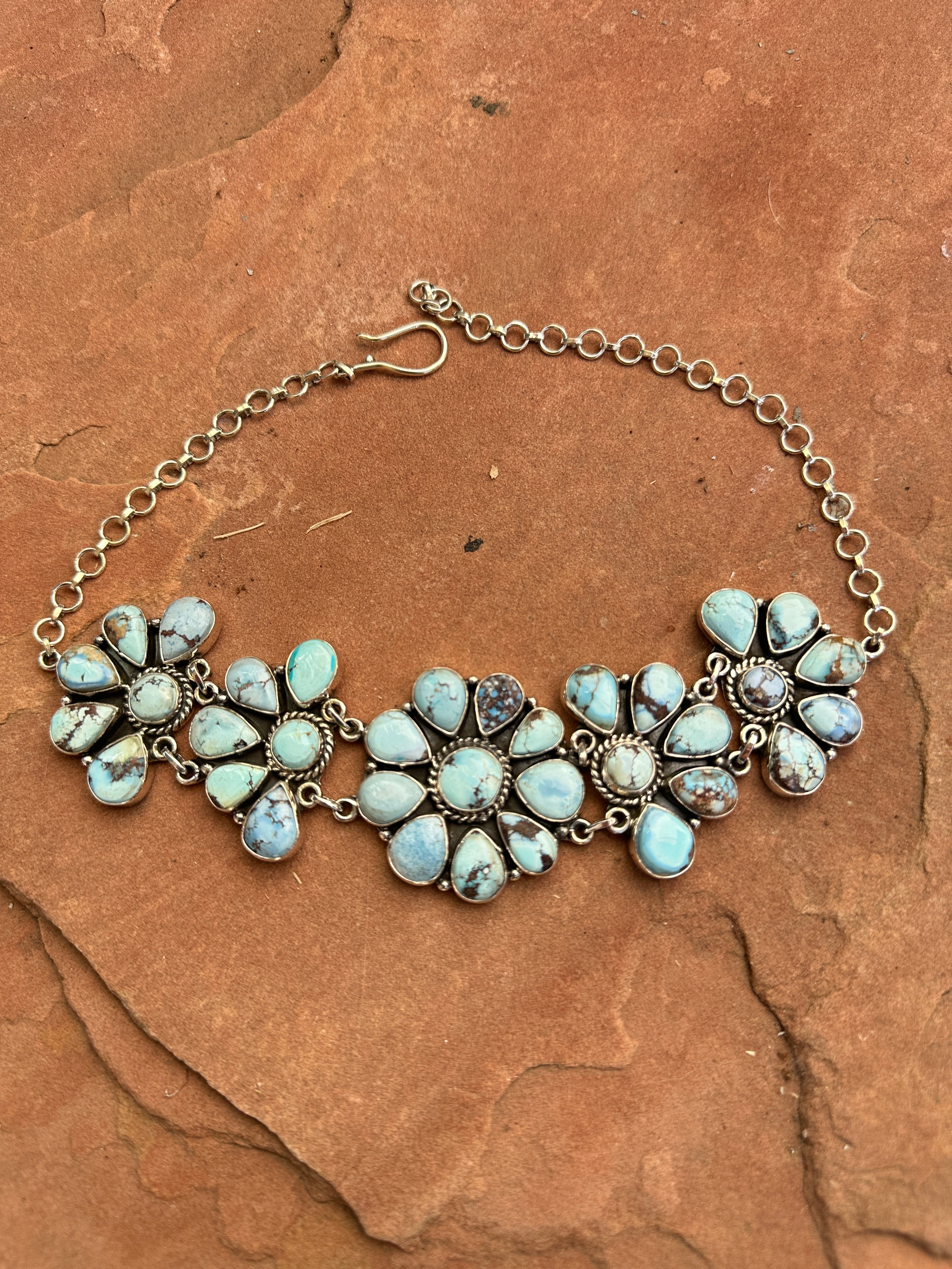 Beautiful Handmade Sterling Silver & Golden Hills Turquoise Cluster Choker Necklace