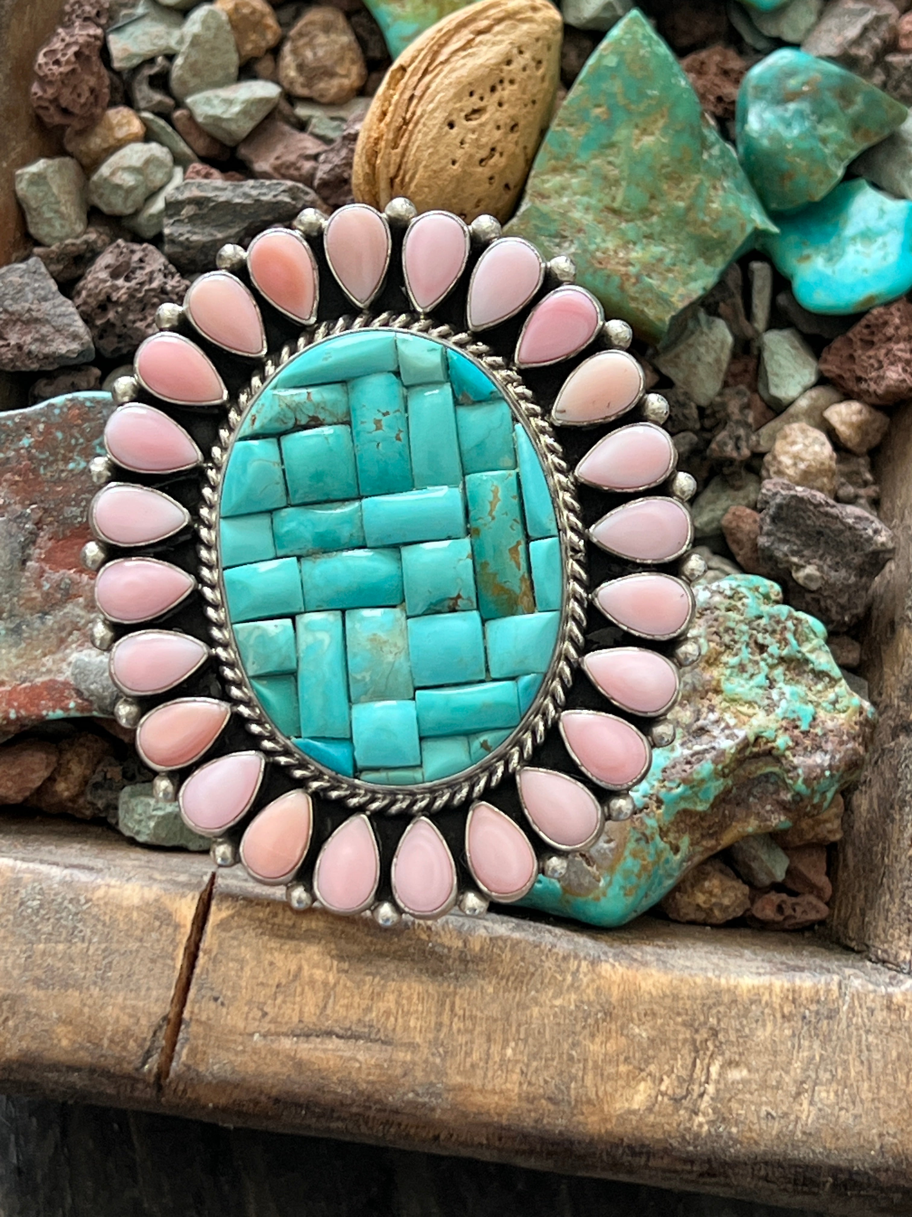 Handcrafted Cobblestone Kingman Turquoise and Pink Conch Cluster Ring by Aaron Tallis, Adjustable